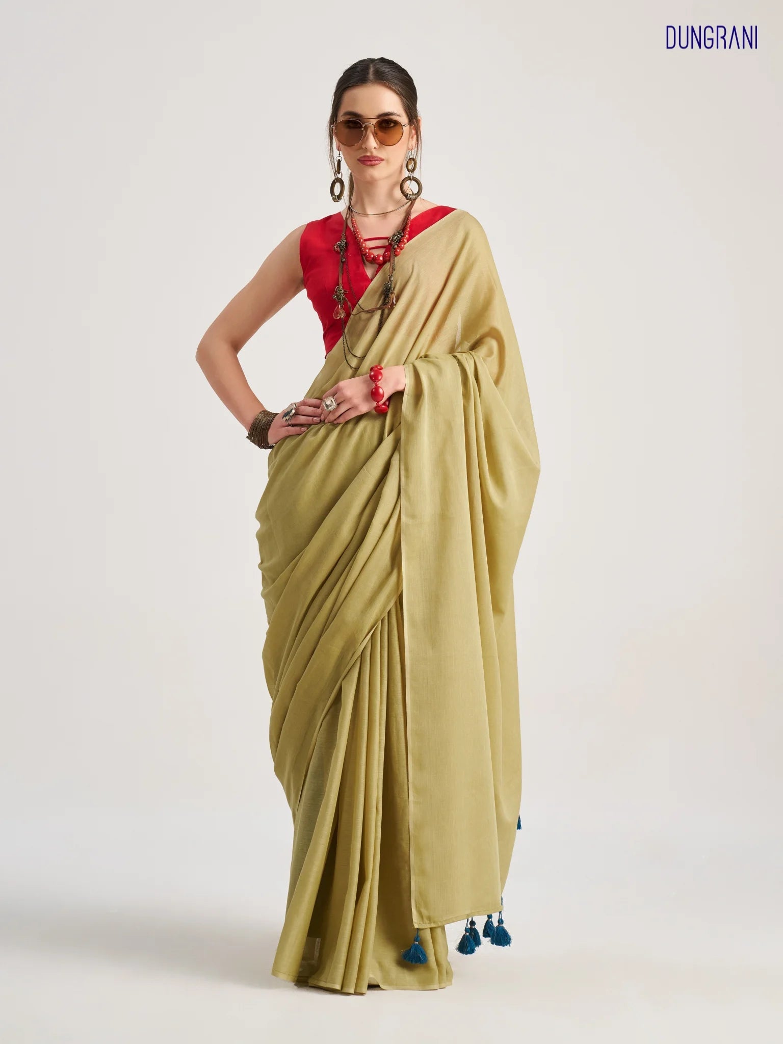 OLIVE GREEN VISCOSE MUL SOLID SAREE