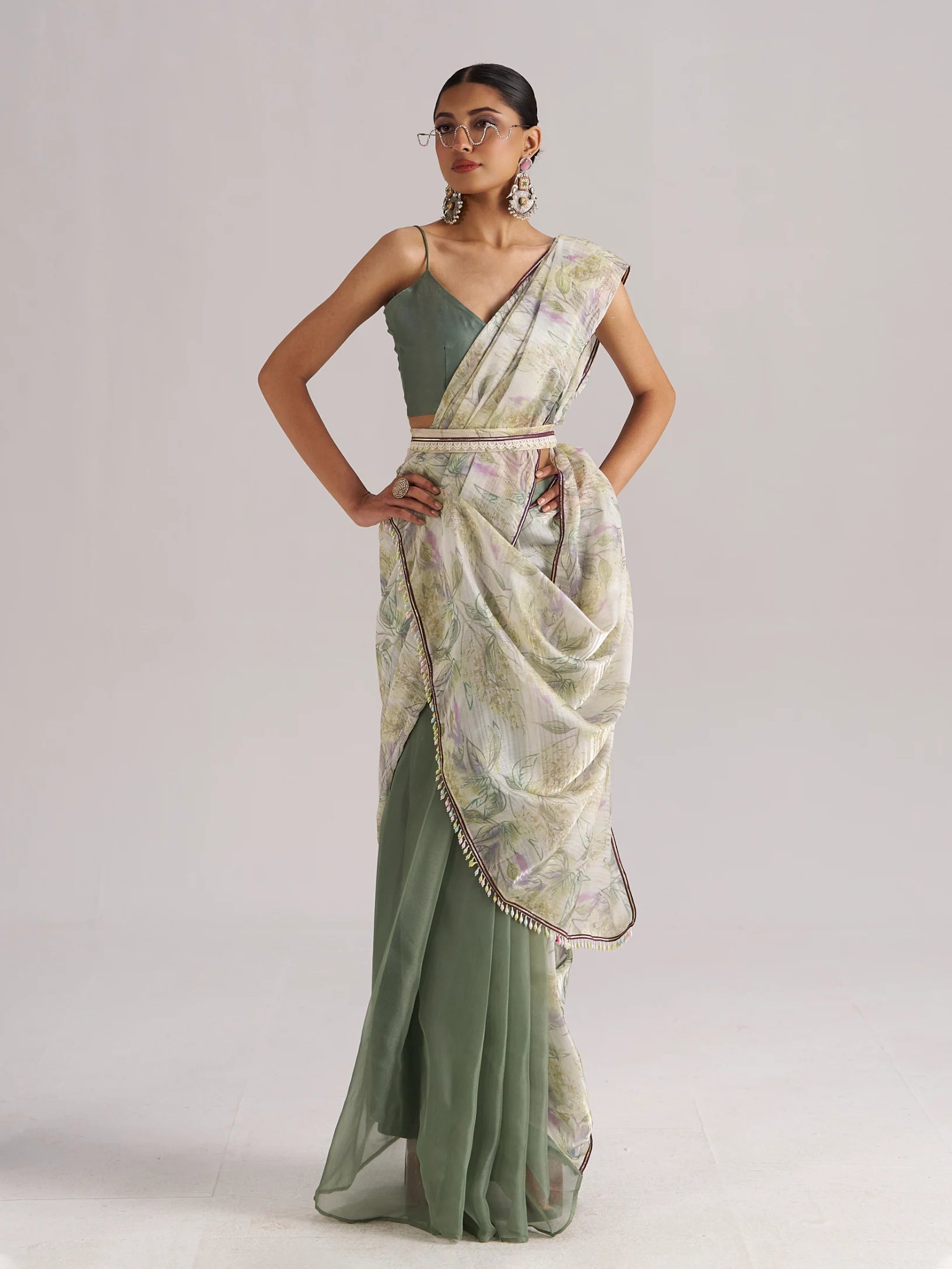 OLIVE MINT SOFT ORGANZA READY TO WEAR SAREE