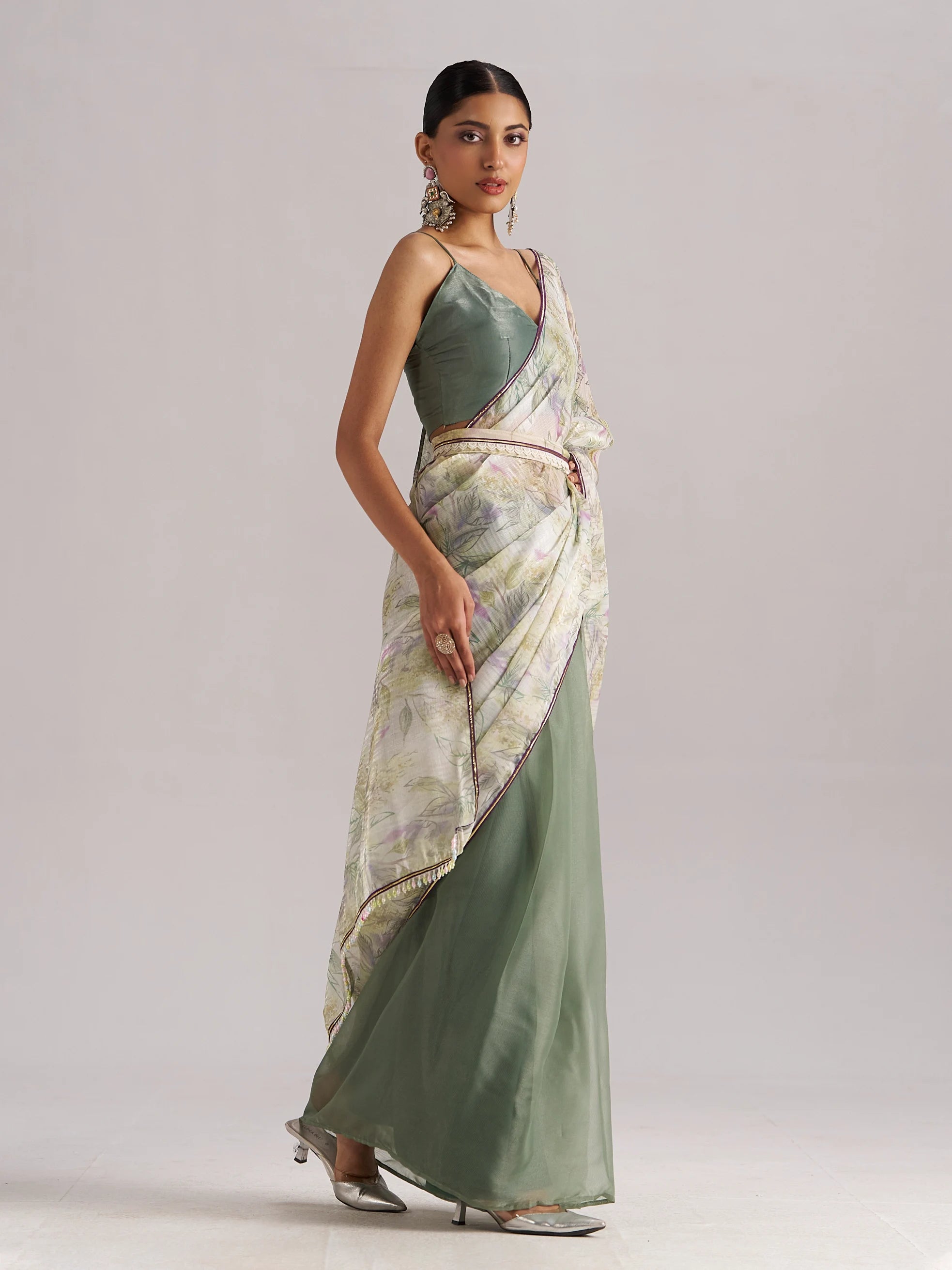 OLIVE MINT SOFT ORGANZA READY TO WEAR SAREE