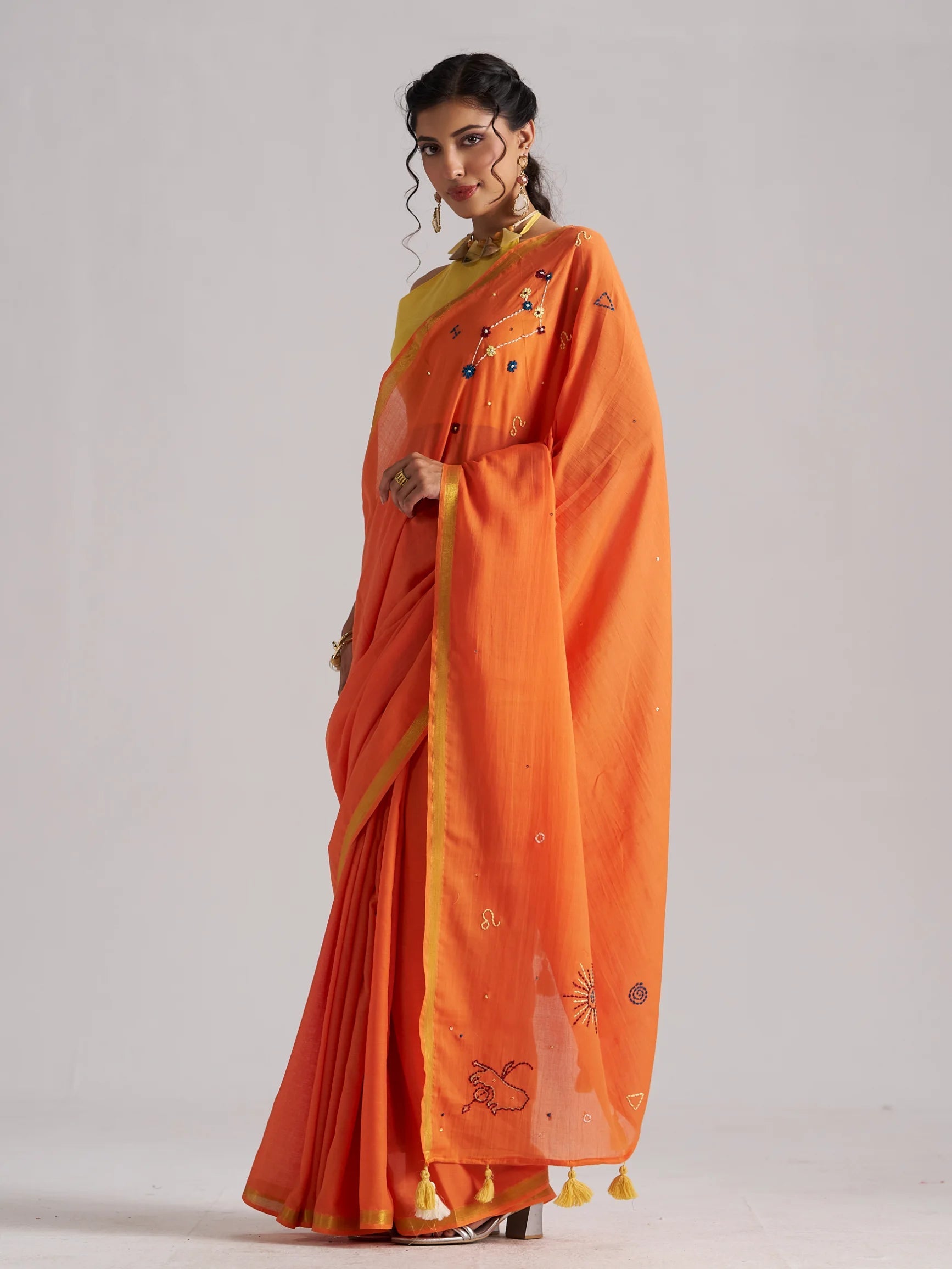 ORANGE VISCOSE MUL LEO CELESTIAL THREAD WORK SAREES