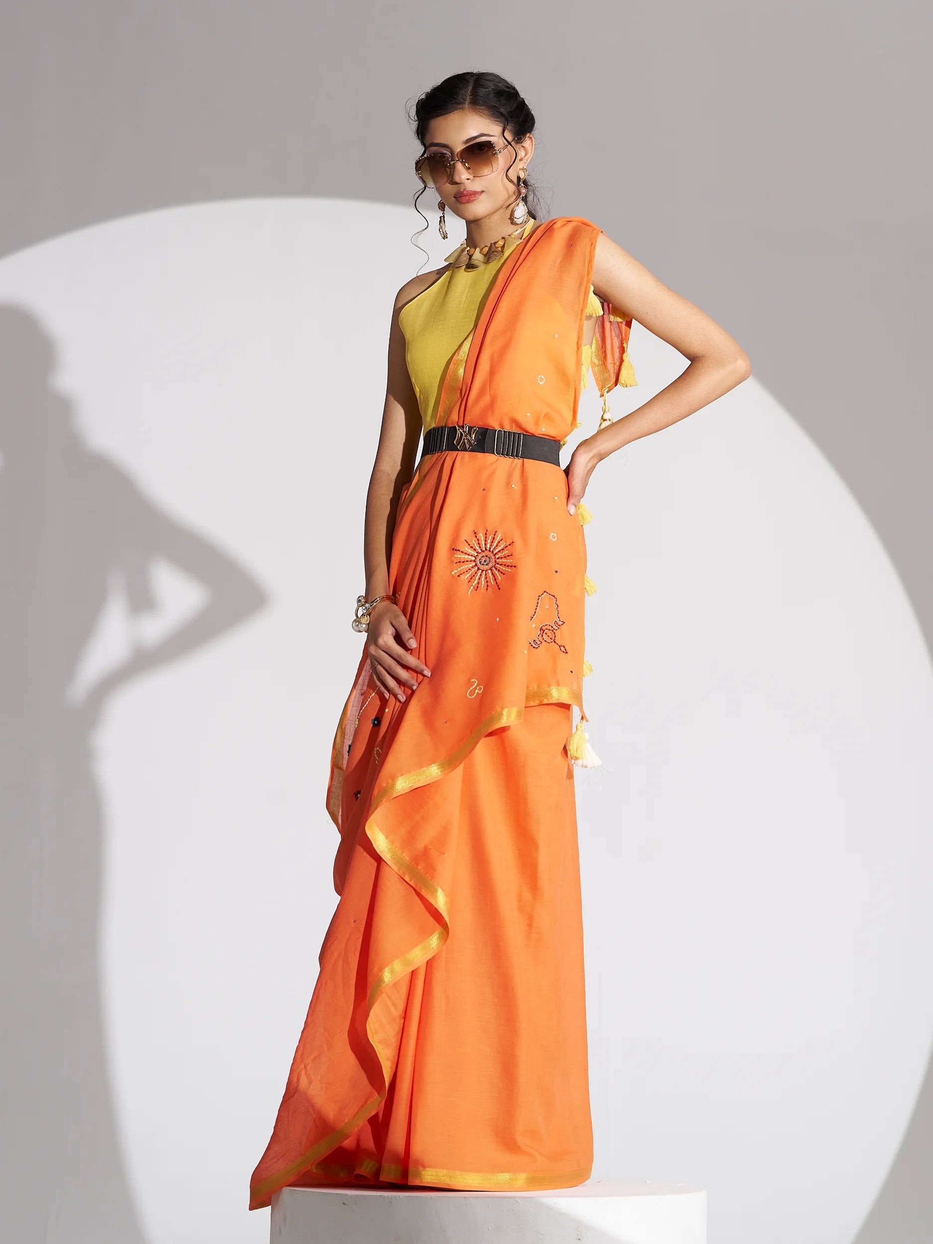 ORANGE MULMUL COTTON LEO CELESTIAL THREAD WORK SAREES