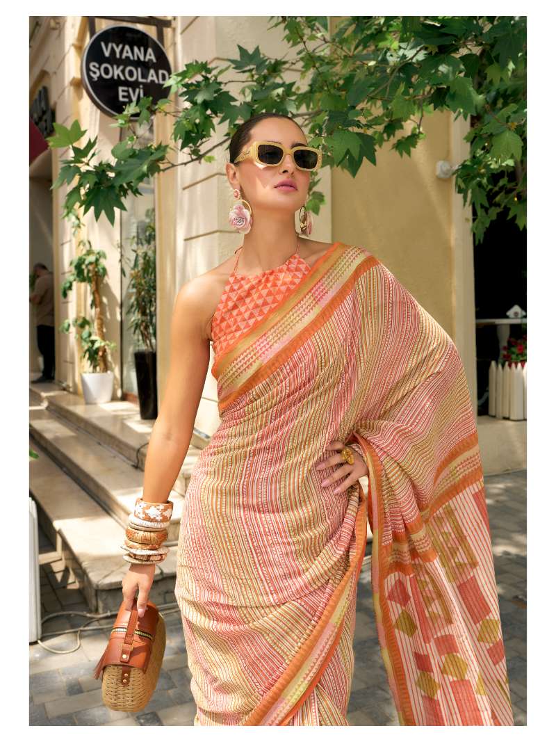ORANGE VISCOSE MUL LIVA BLOCK PRINTED SAREE