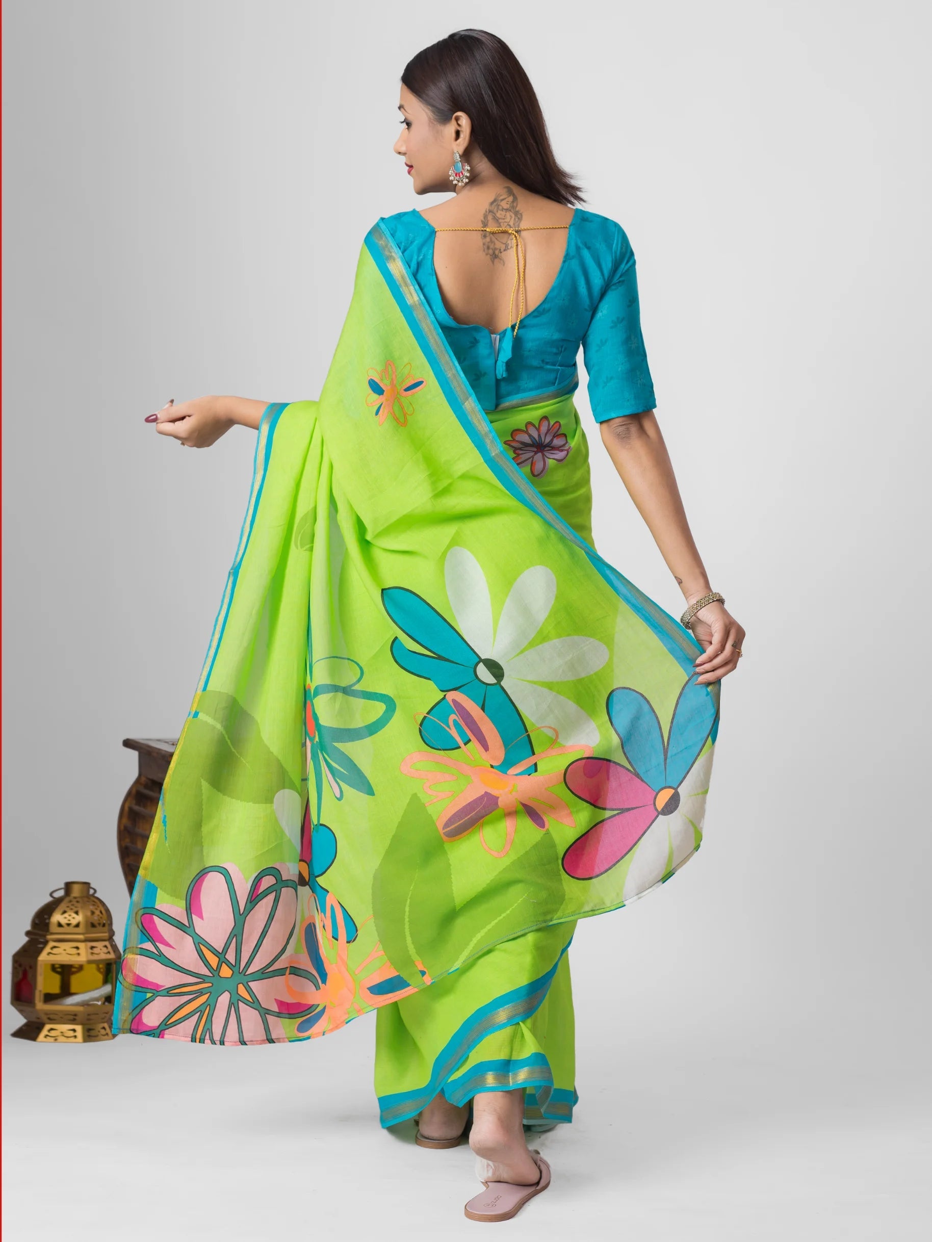 PARROT GREEN MULMUL COTTON LIVA DIGITAL PRINTED SAREE