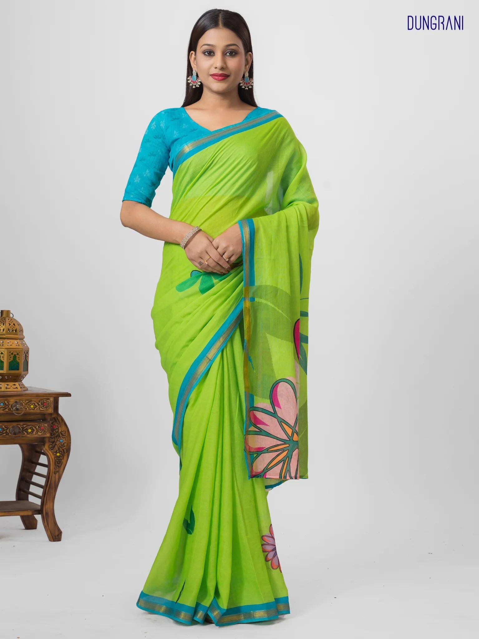 PARROT GREEN VISCOSE MUL LIVA DIGITAL PRINTED SAREE