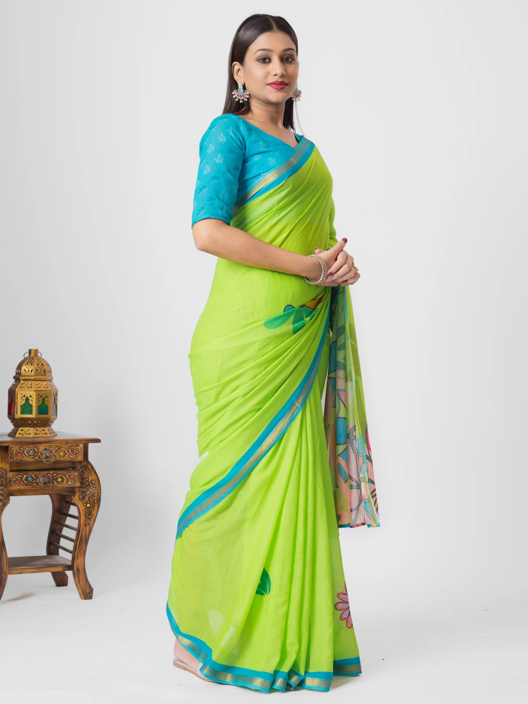 PARROT GREEN VISCOSE MUL LIVA DIGITAL PRINTED SAREE