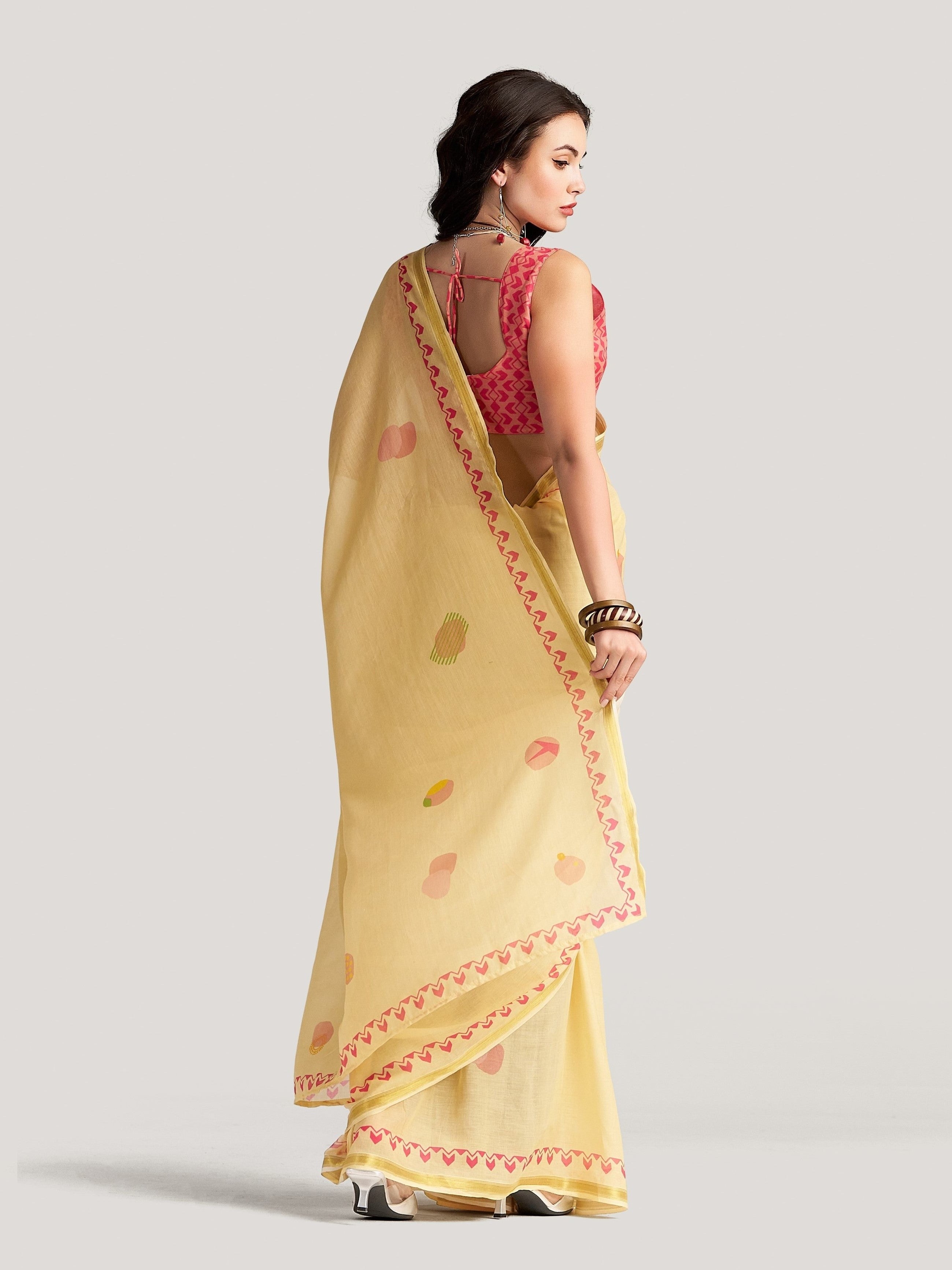 PASTEL YELLOW MULMUL COTTON LIVA DIGITAL PRINTED SAREE