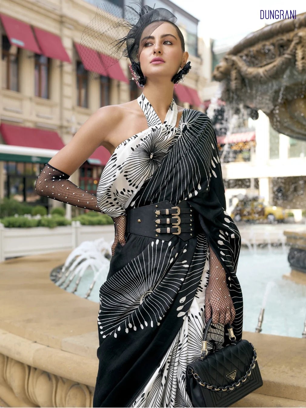 BLACK & WHITE MONOCHROME FLORAL PRINT LIVA SATIN SAREE