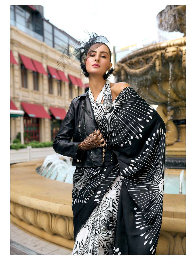 BLACK & WHITE MONOCHROME FLORAL PRINT LIVA SATIN SAREE