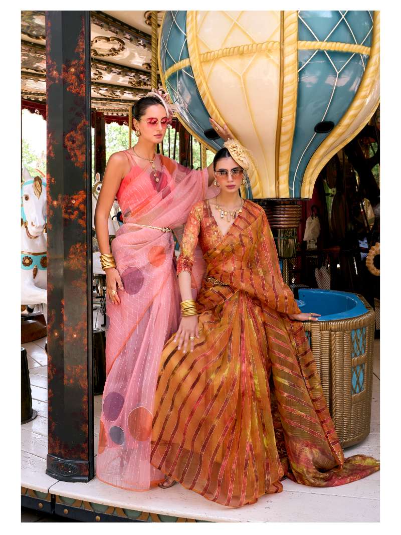 PEACH HAND PAINTED ORGANZA SILK SAREE