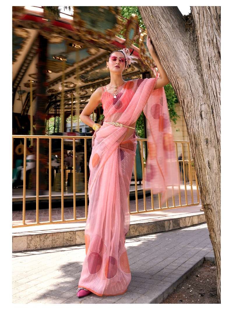 PEACH HAND PAINTED ORGANZA SILK SAREE