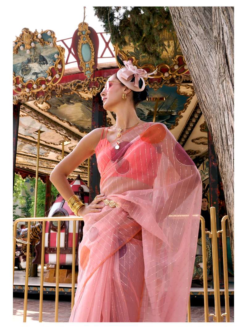 PEACH HAND PAINTED ORGANZA SILK SAREE