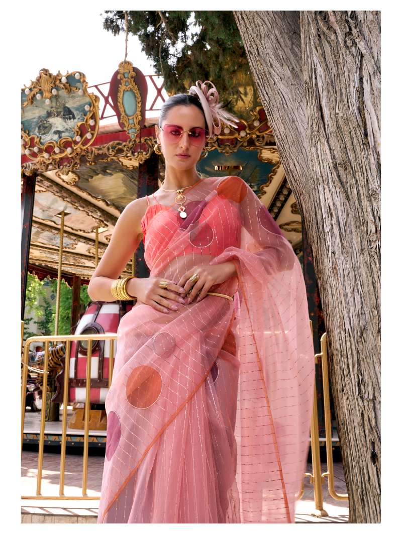 PEACH HAND PAINTED ORGANZA SILK SAREE