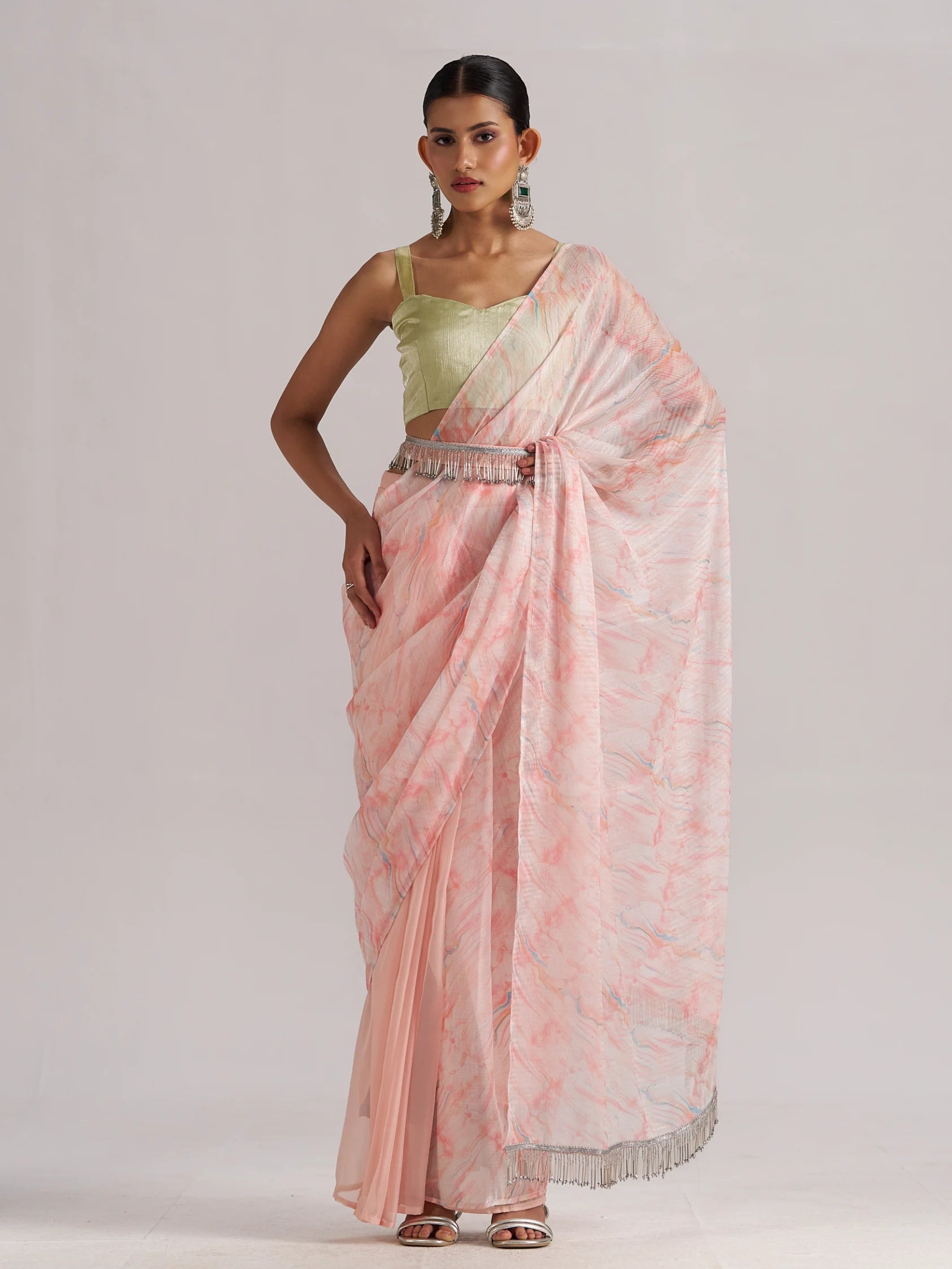 PEACH MORGANITE SOFT ORGANZA READY TO WEAR SAREE