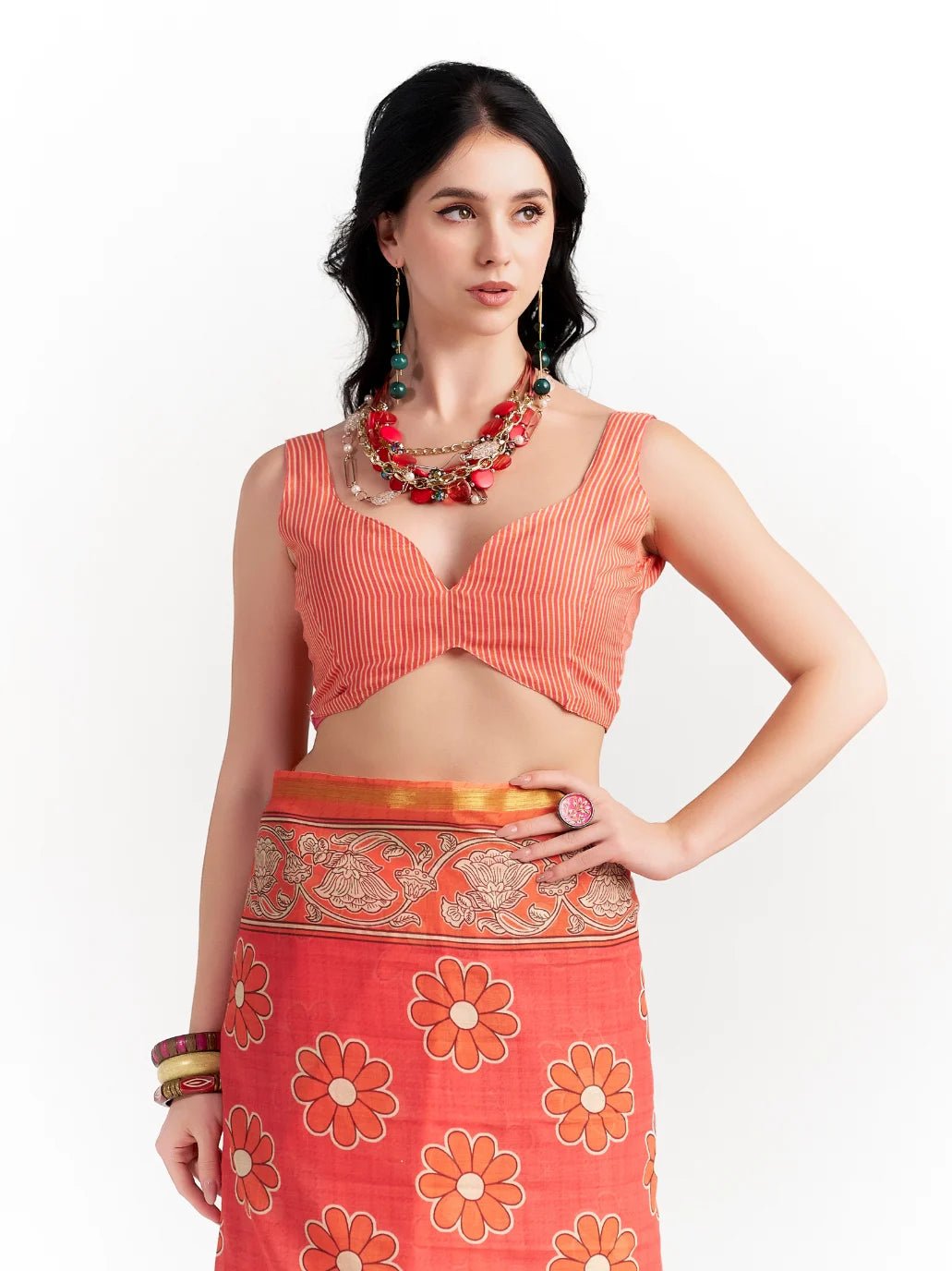 PEACH ORANGE MULMUL COTTON LIVA DIGITAL PRINTED SAREE