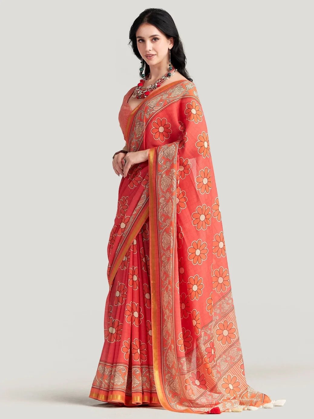PEACH ORANGE VISCOSE MUL LIVA DIGITAL PRINTED SAREE