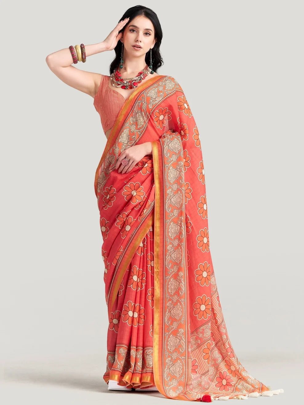 PEACH ORANGE VISCOSE MUL LIVA DIGITAL PRINTED SAREE
