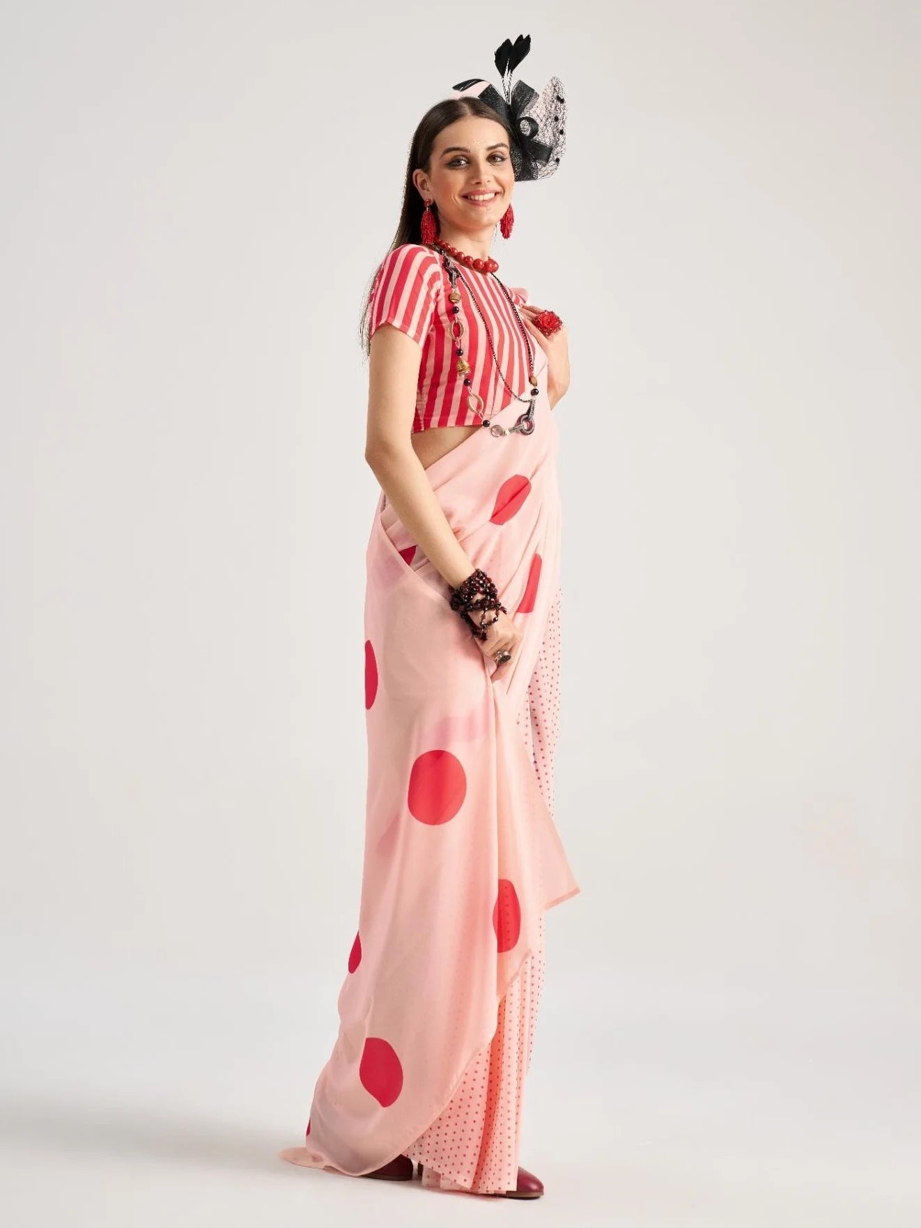 PEACH & RED GEORGETTE POLKA POPS DIGITAL PRINTED SAREE
