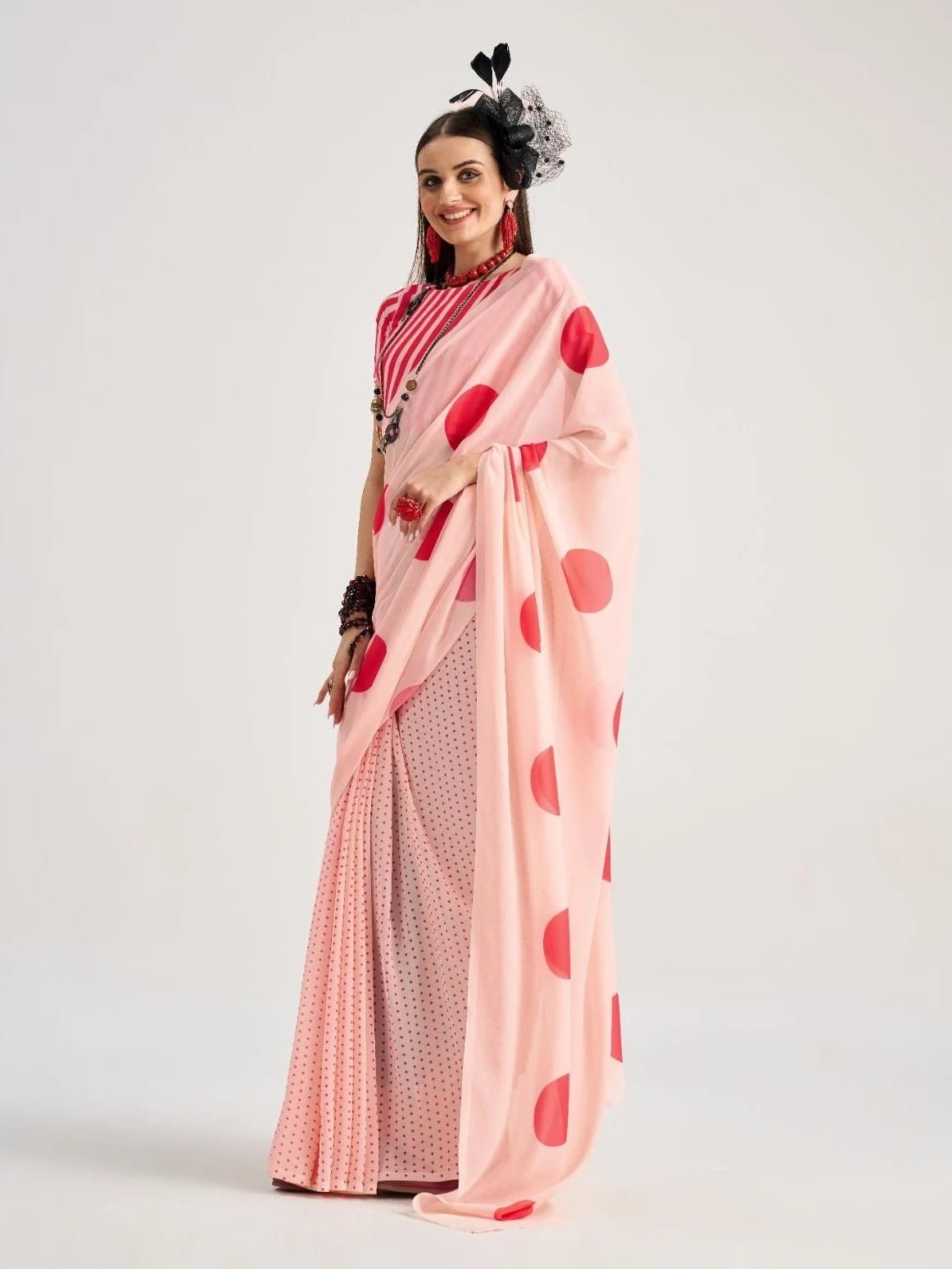 PEACH & RED GEORGETTE POLKA POPS DIGITAL PRINTED SAREE