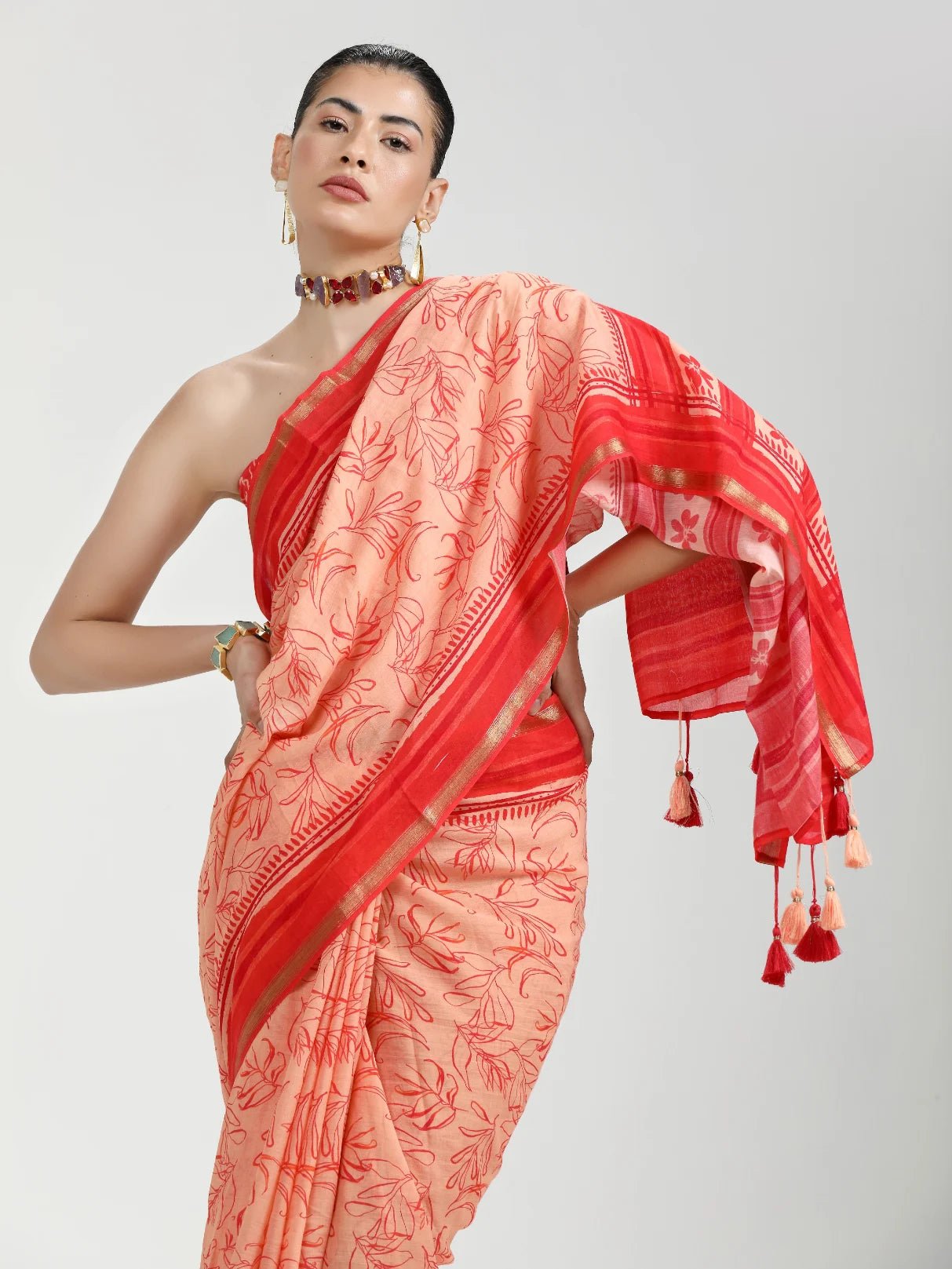 PEACH MULMUL COTTON DIGITAL PRINTED SAREE