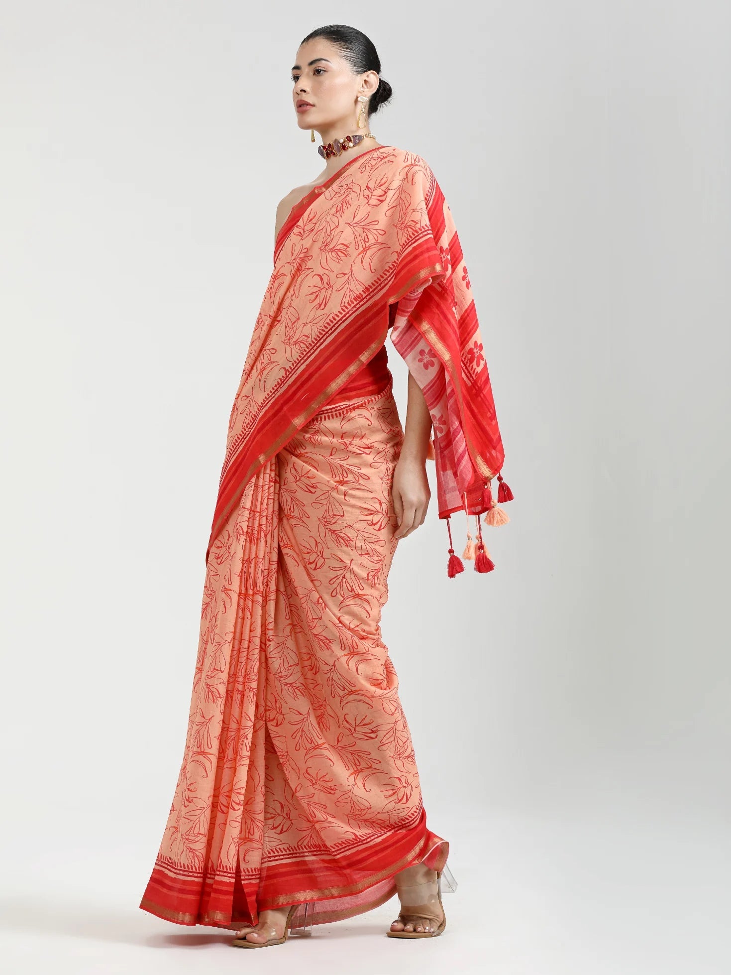 PEACH MULMUL COTTON DIGITAL PRINTED SAREE