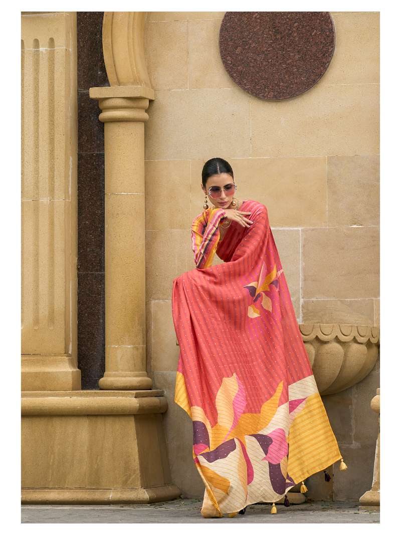 PEACH VISCOSE MUL ZARI WEAVED DIGITAL PRINTED SAREE