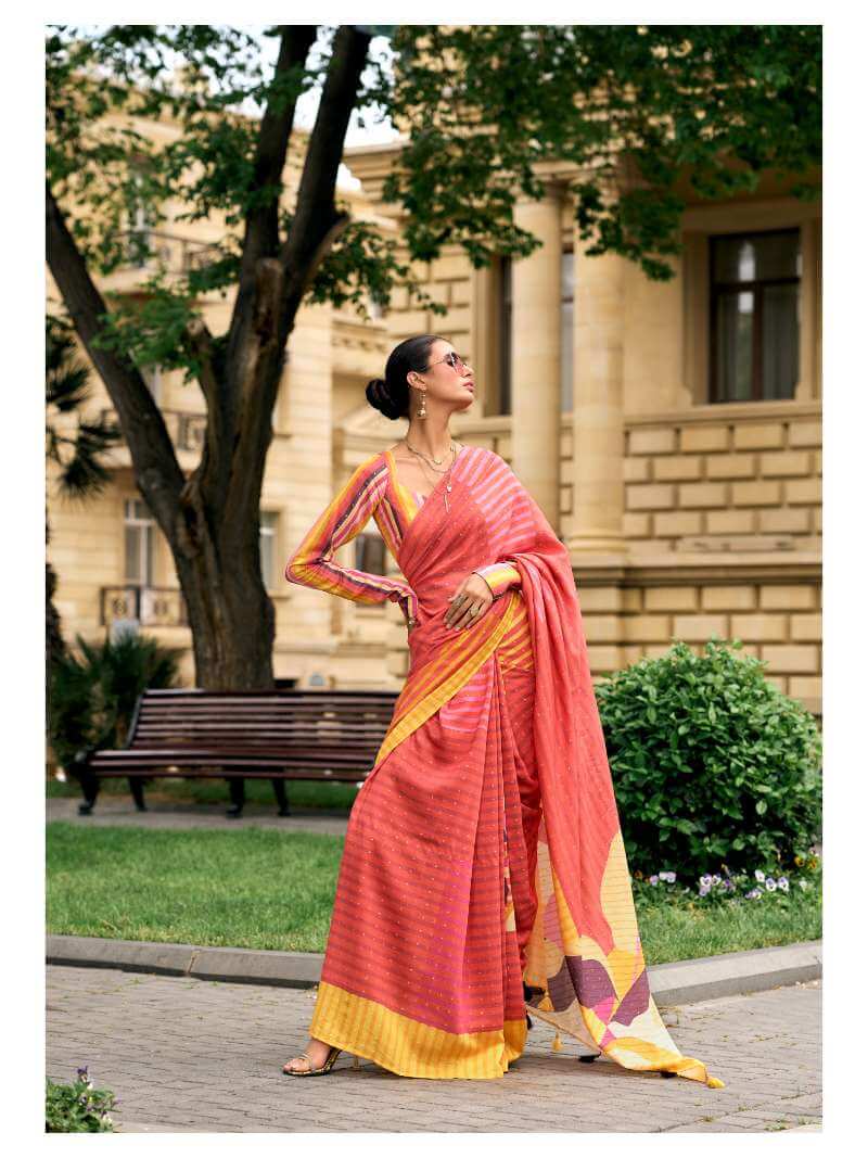 PEACH VISCOSE MUL ZARI WEAVED DIGITAL PRINTED SAREE