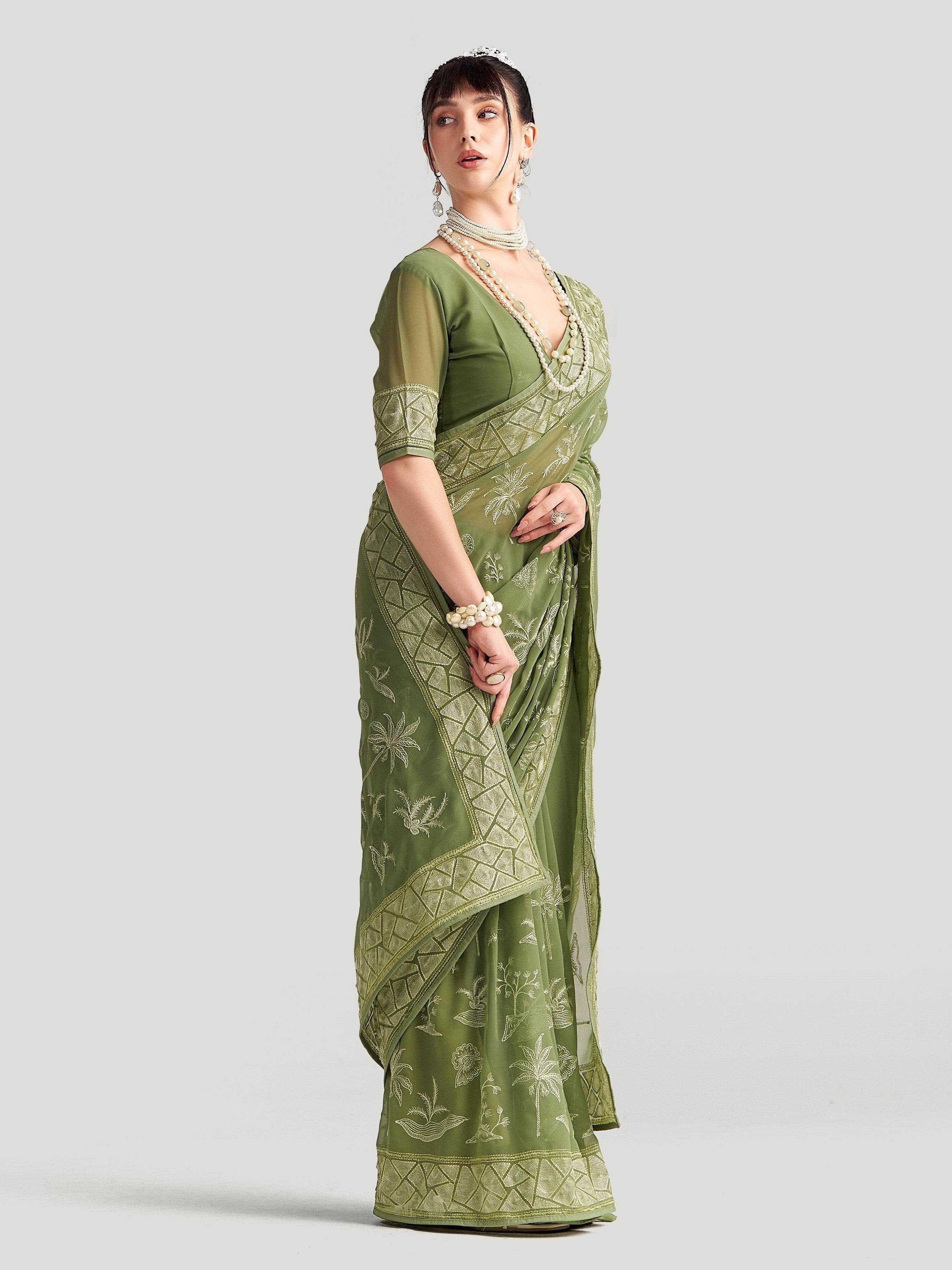 PICKLE GREEN GEORGETTE TREE PRINTED EMBROIDERY SAREE