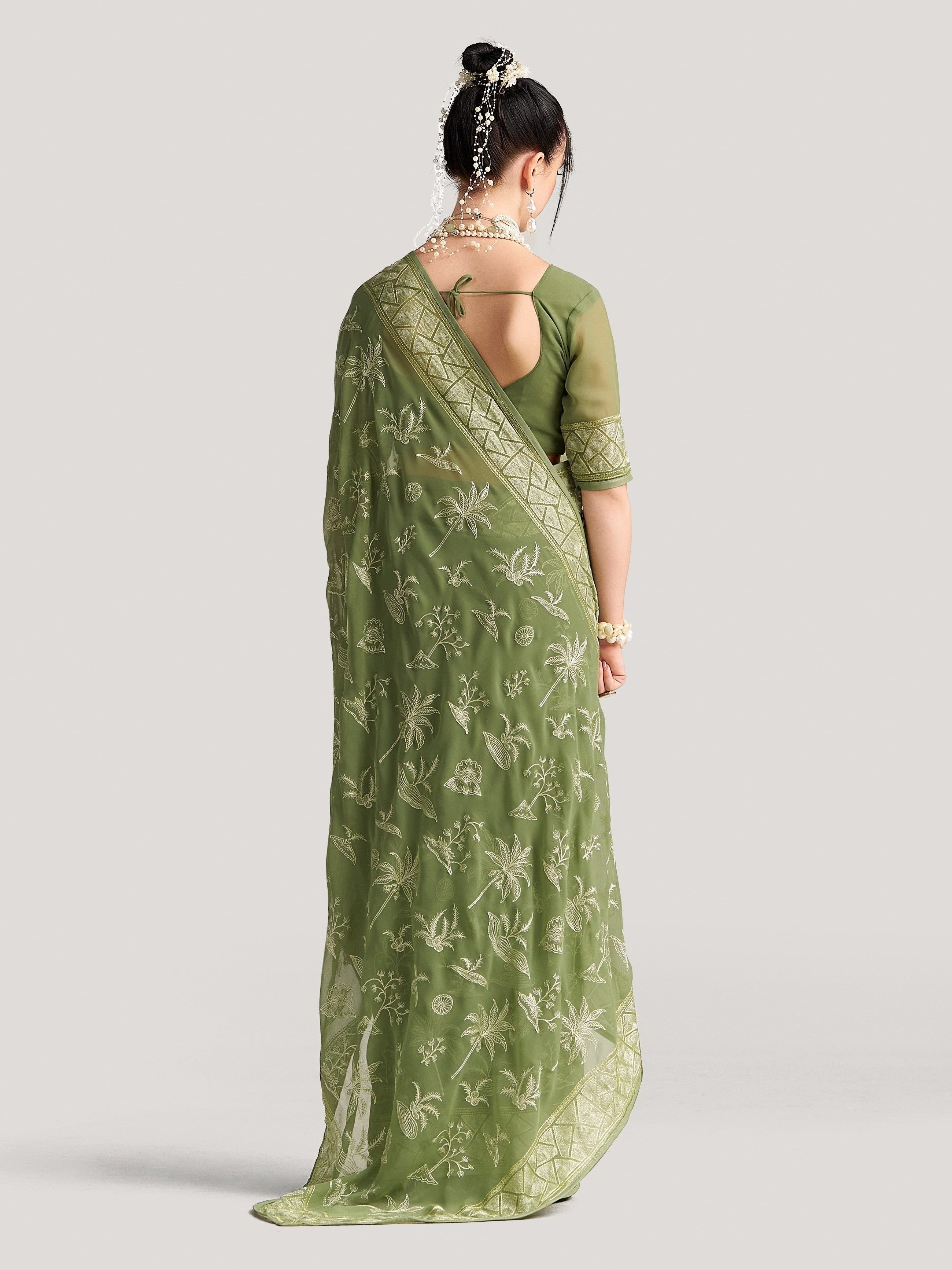 PICKLE GREEN GEORGETTE TREE PRINTED EMBROIDERY SAREE