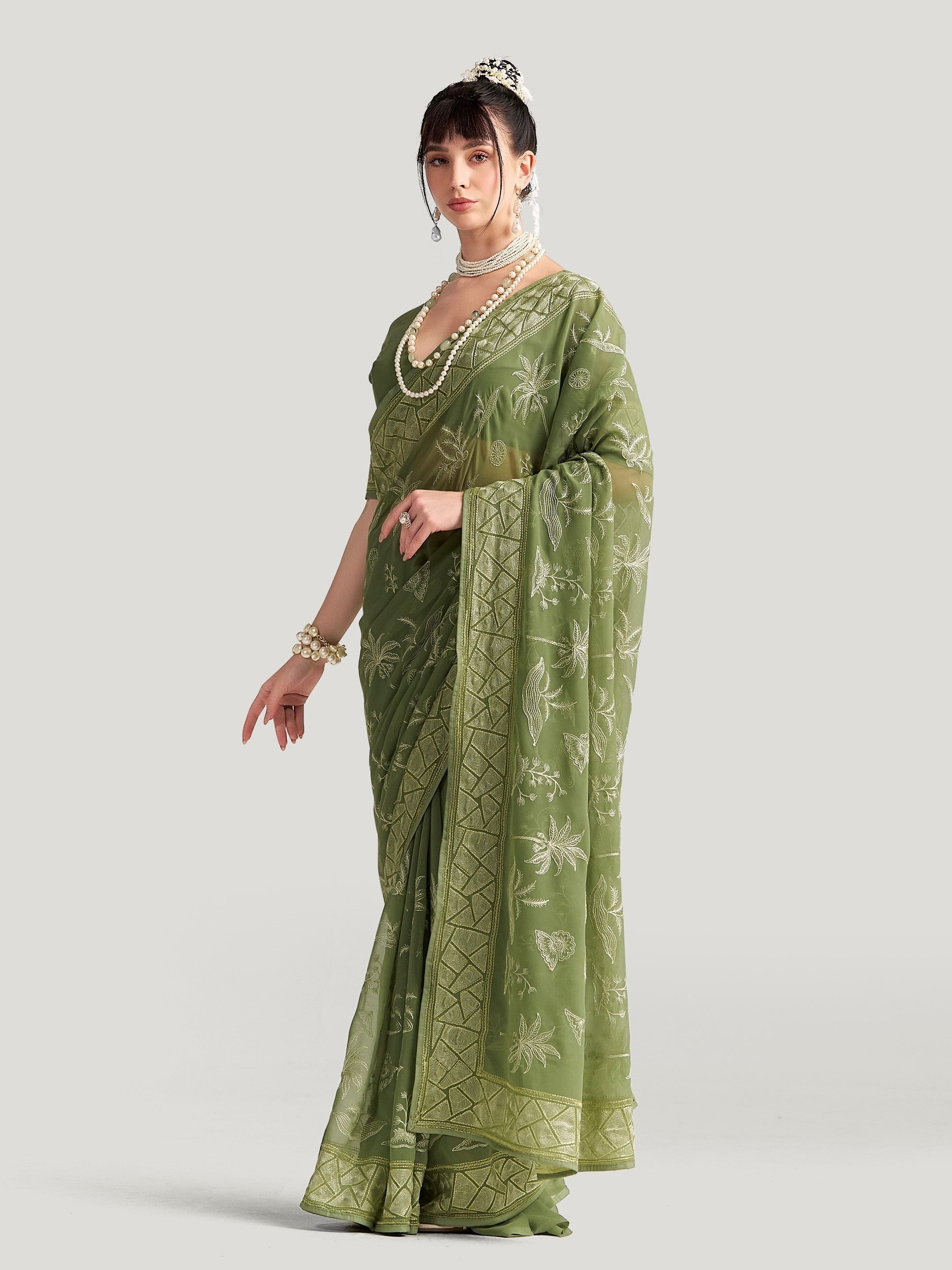PICKLE GREEN GEORGETTE TREE PRINTED EMBROIDERY SAREE