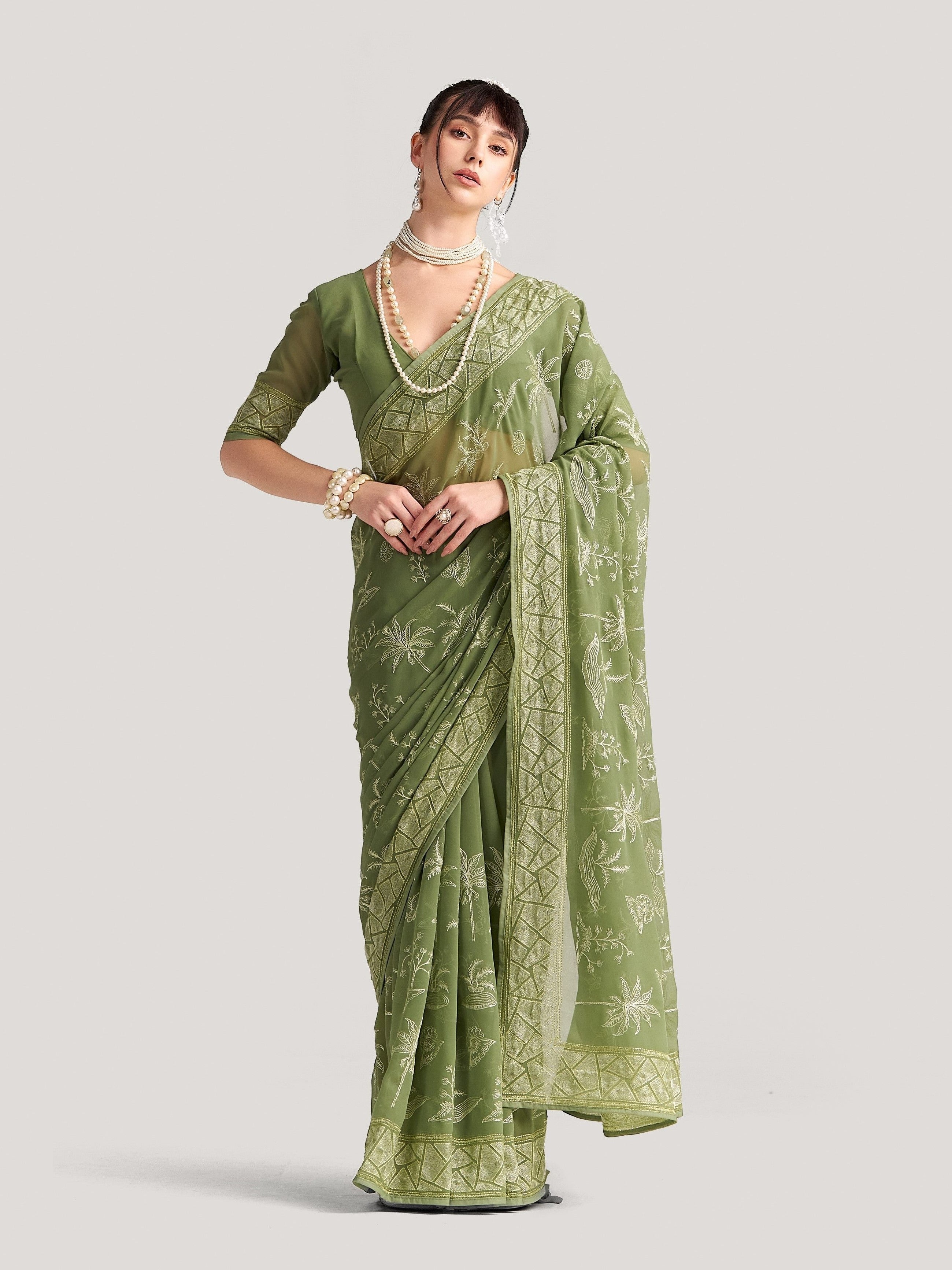 PICKLE GREEN GEORGETTE TREE PRINTED EMBROIDERY SAREE