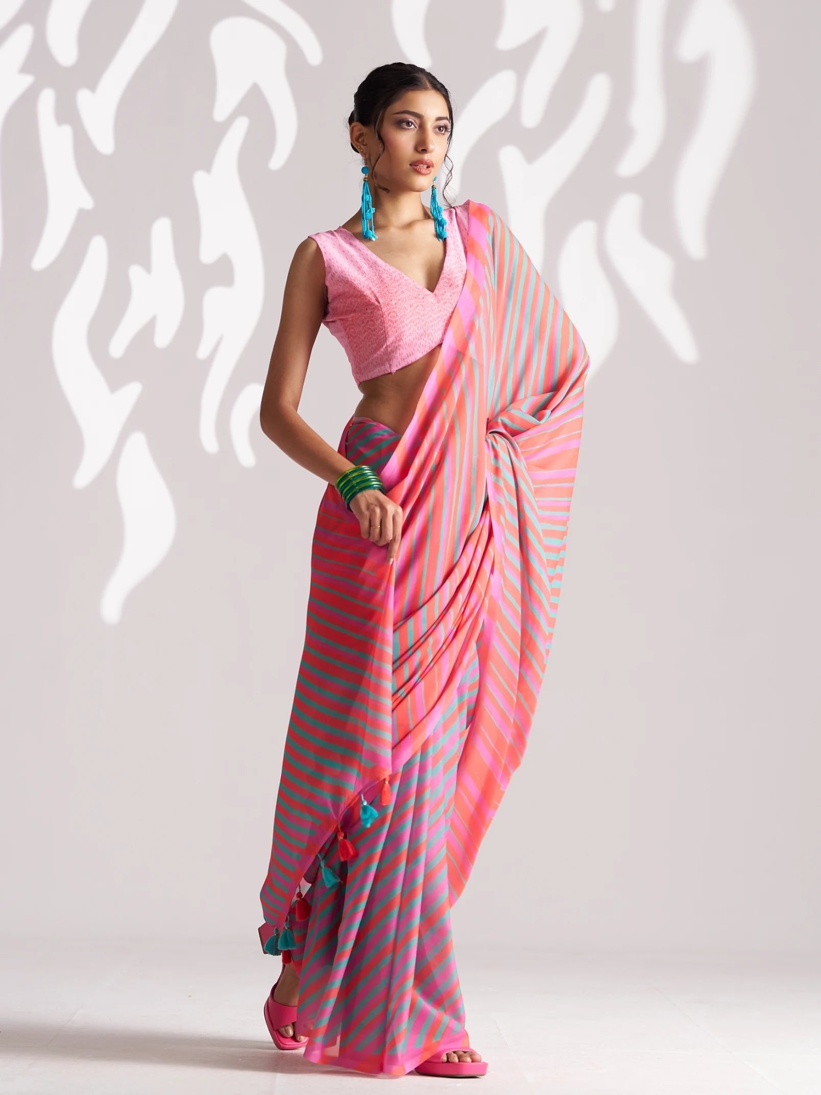 PINK & BLUE GEORGETTE SPARKLE LAHERIYA DIGITAL PRINTED SAREE