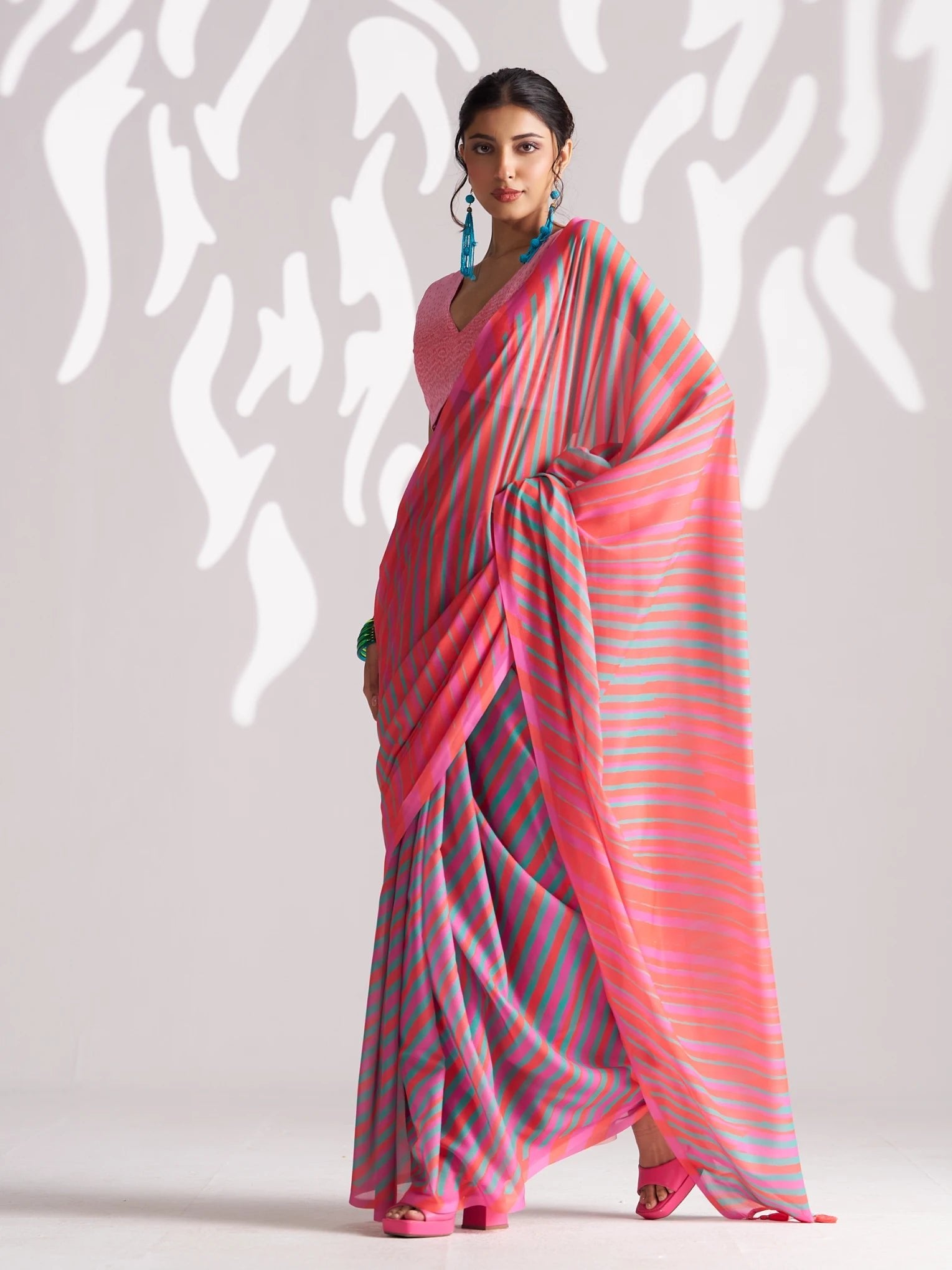PINK & BLUE GEORGETTE SPARKLE LAHERIYA DIGITAL PRINTED SAREE