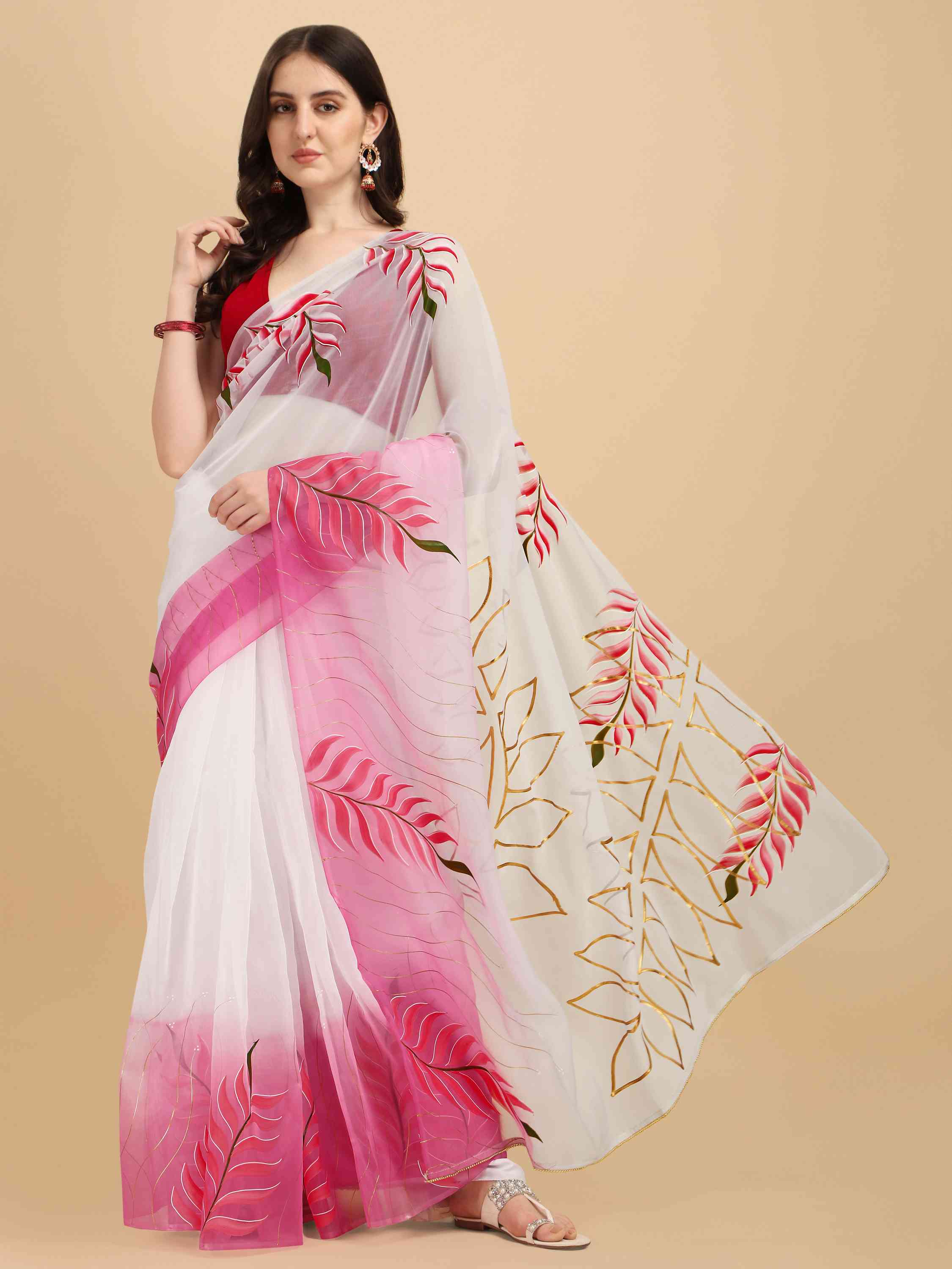 WHITE HAND PAINTED FEEZY ORGANZA SILK SAREE