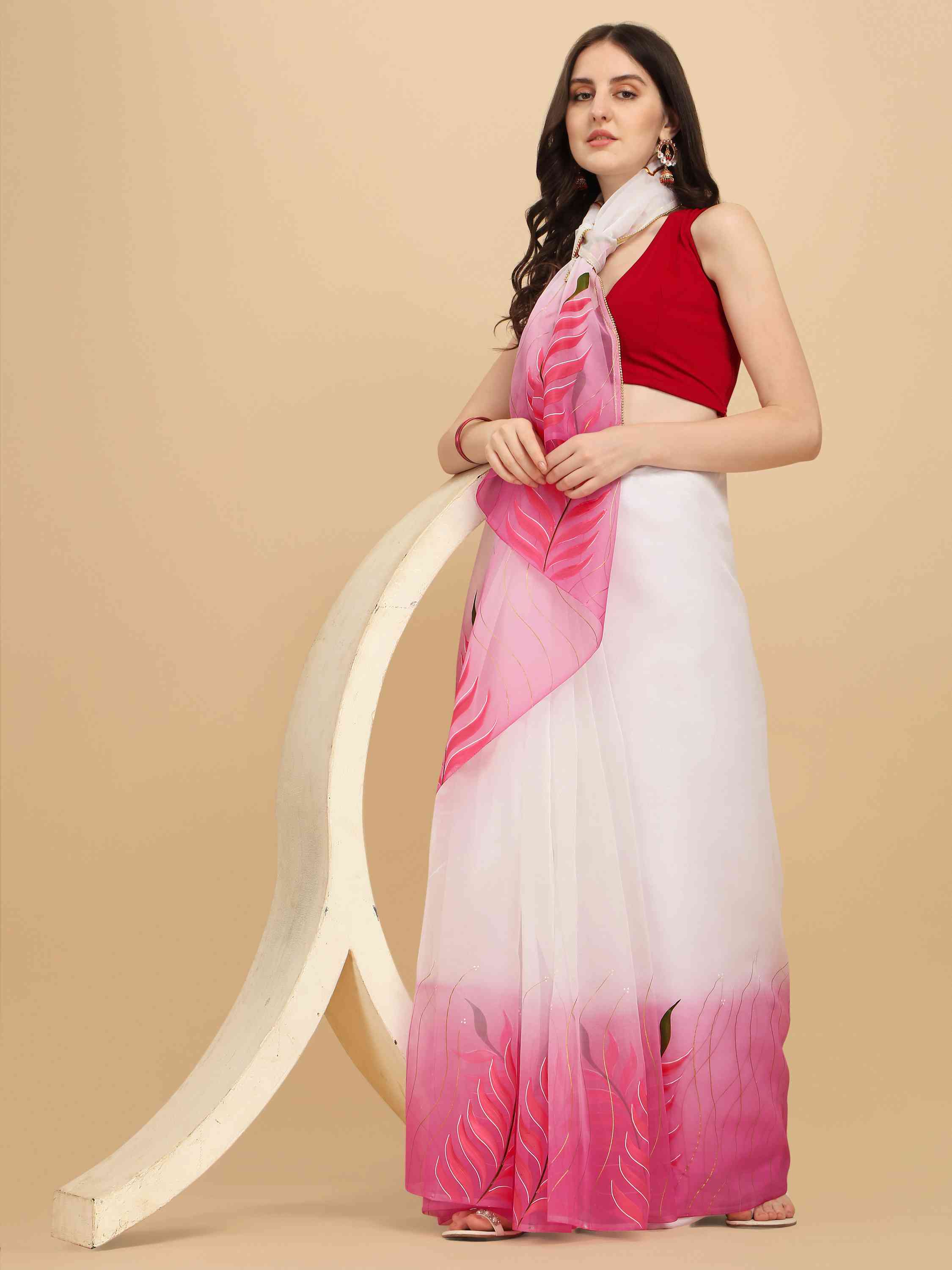 PINK FLORAL HAND PAINTED ORGANZA SILK SAREE
