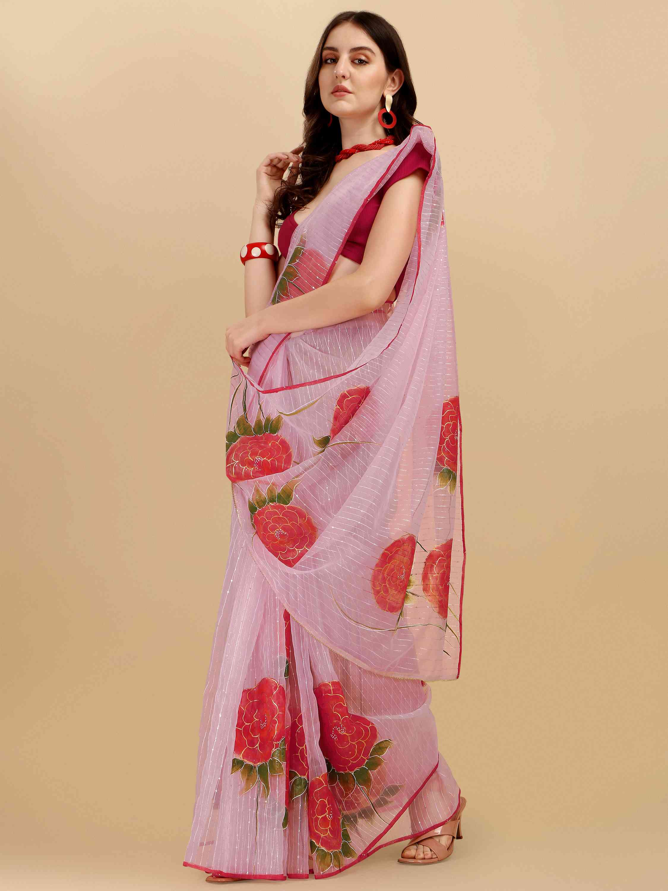 DUNGRANI PINK HAND PAINTED FEEZY ORGANZA SILK SAREE