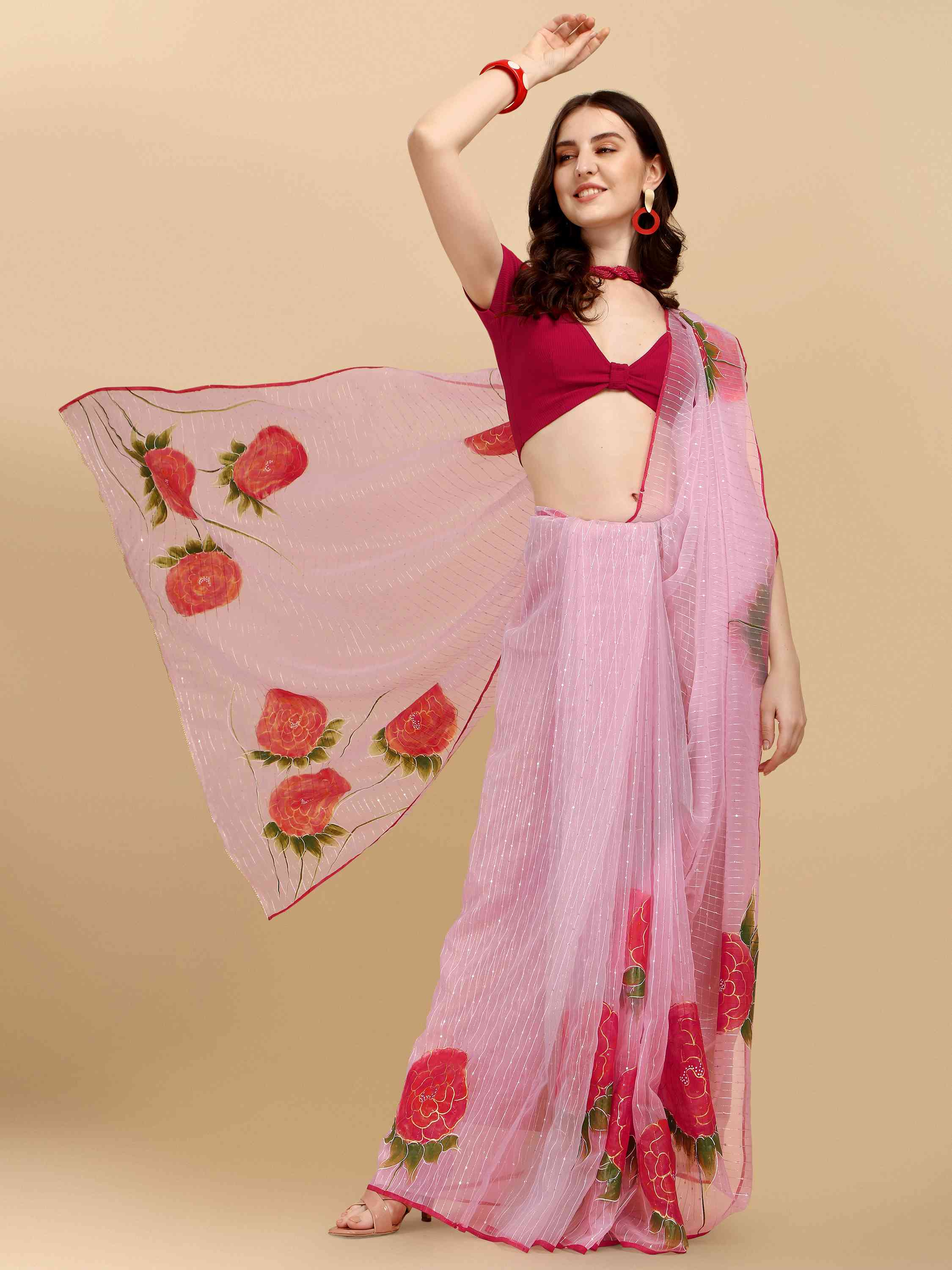 PINK HAND PAINTED ORGANZA SILK SAREE