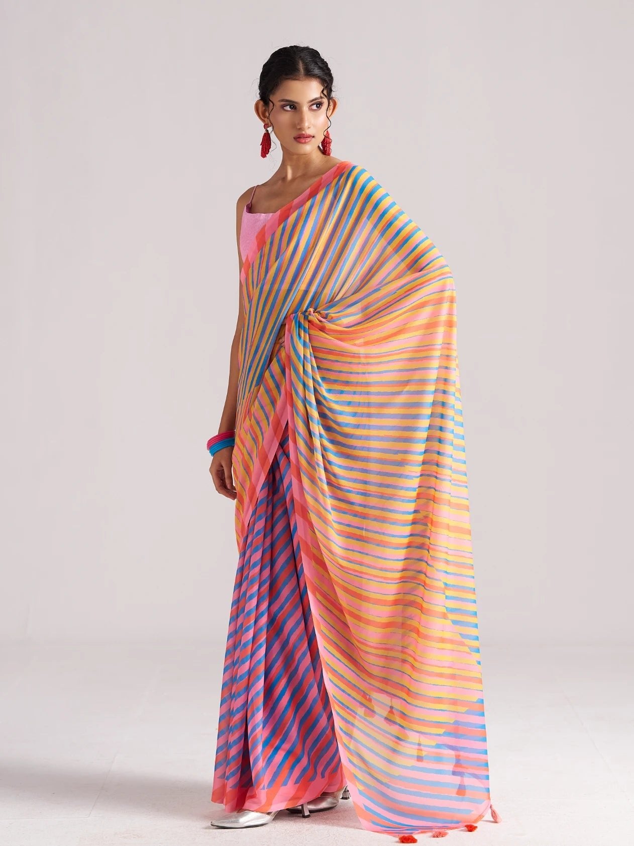 PINK & ORANGE GEORGETTE SPARKLE LAHERIYA DIGITAL PRINTED SAREE