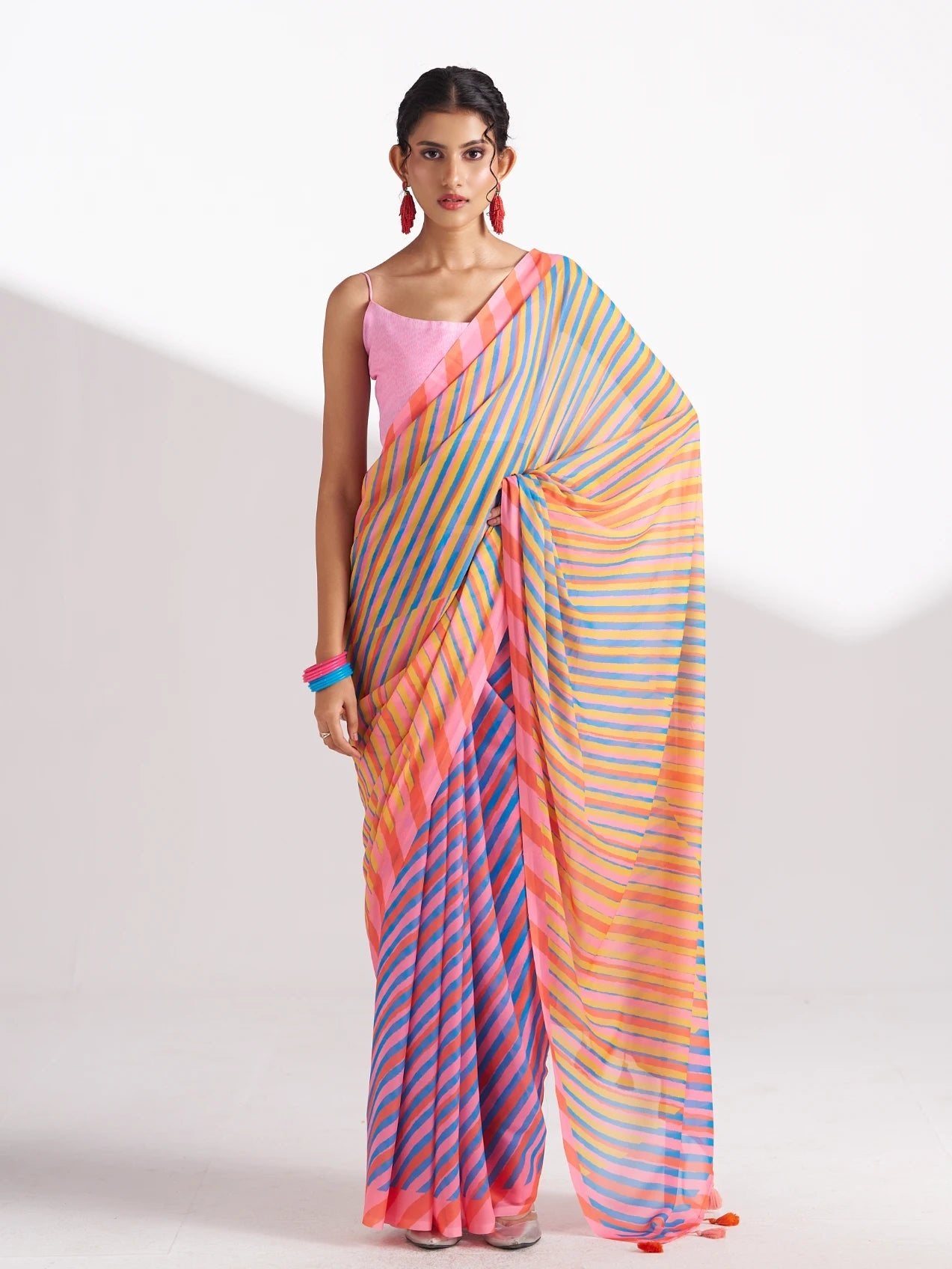 PINK & ORANGE GEORGETTE SPARKLE LAHERIYA DIGITAL PRINTED SAREE