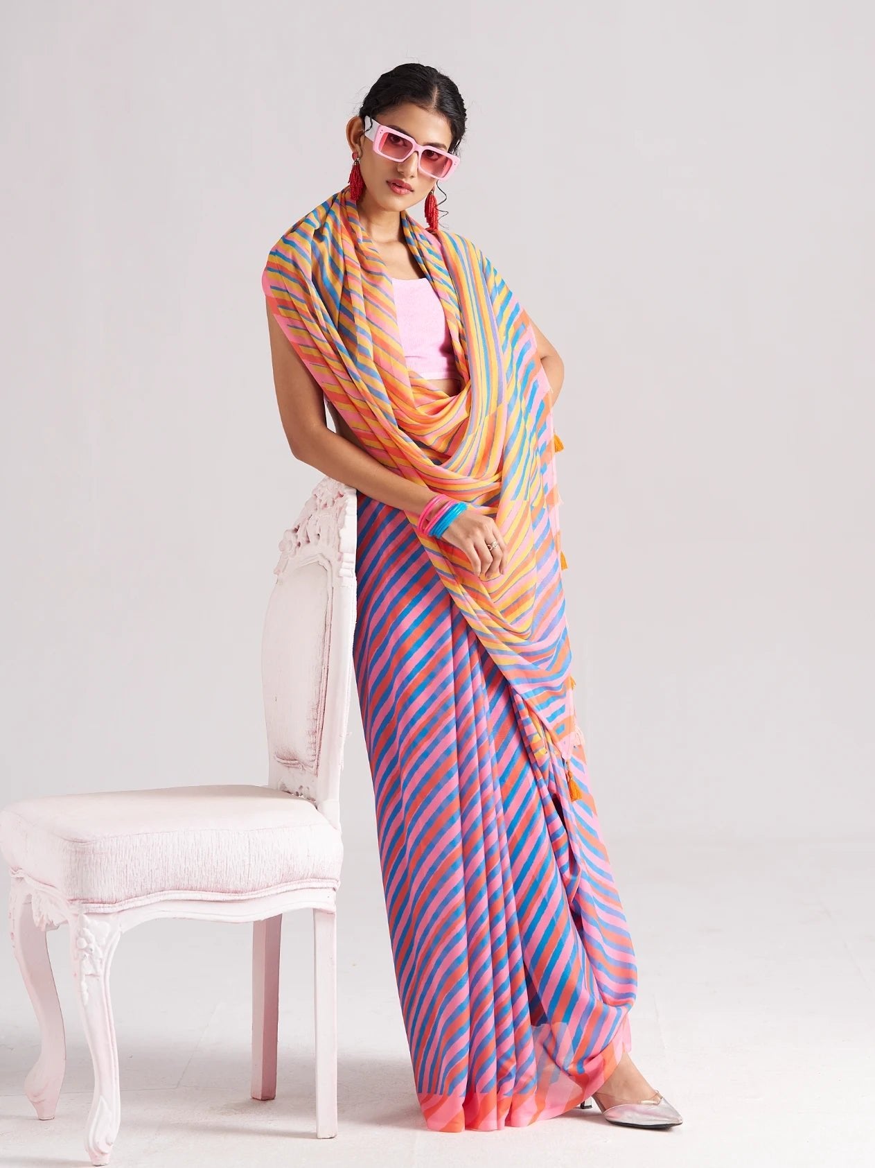 PINK & ORANGE GEORGETTE SPARKLE LAHERIYA DIGITAL PRINTED SAREE