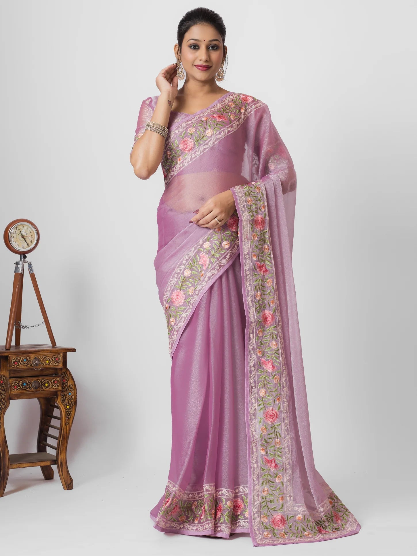 PINK PEARL ORGANZA ROSE PRINTED EMBROIDERY SAREE