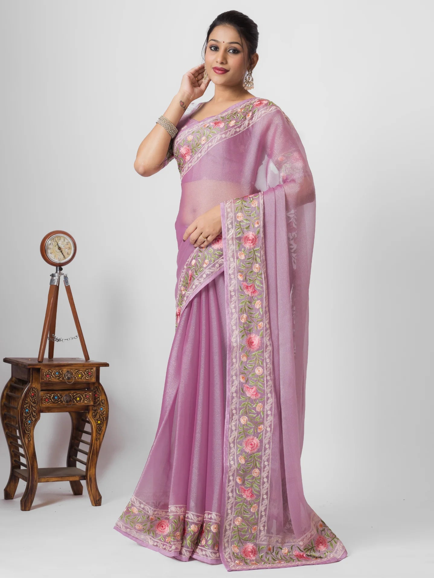 PINK PEARL ORGANZA ROSE PRINTED EMBROIDERY SAREE