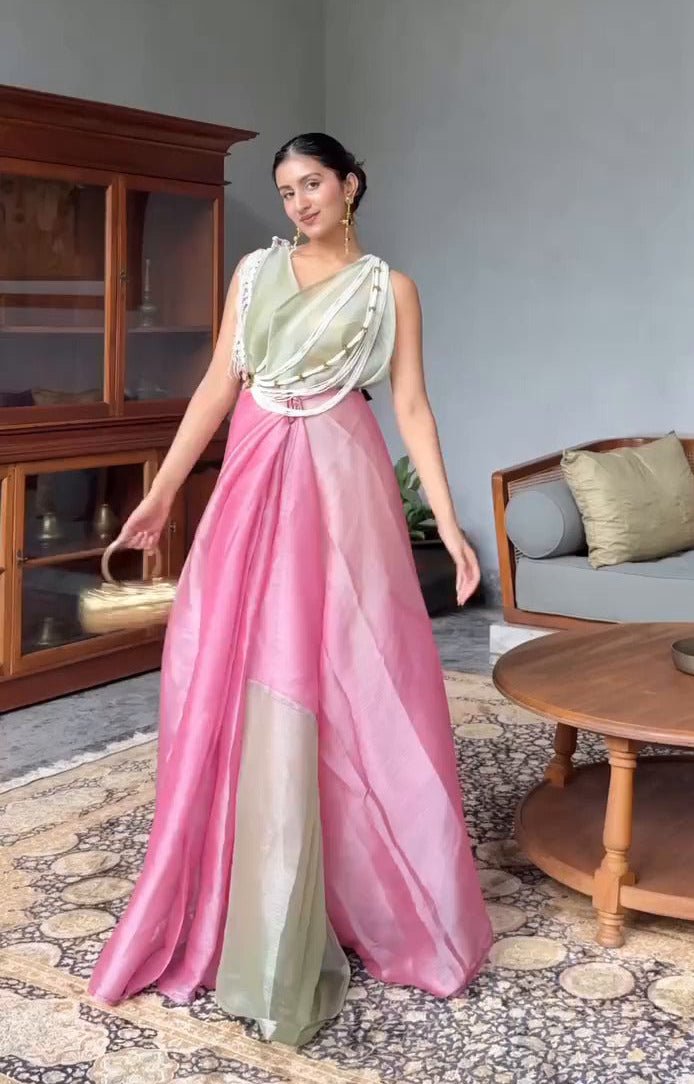 PINK & PISTA GLOW CHIFFON READY-TO-WEAR SAREE