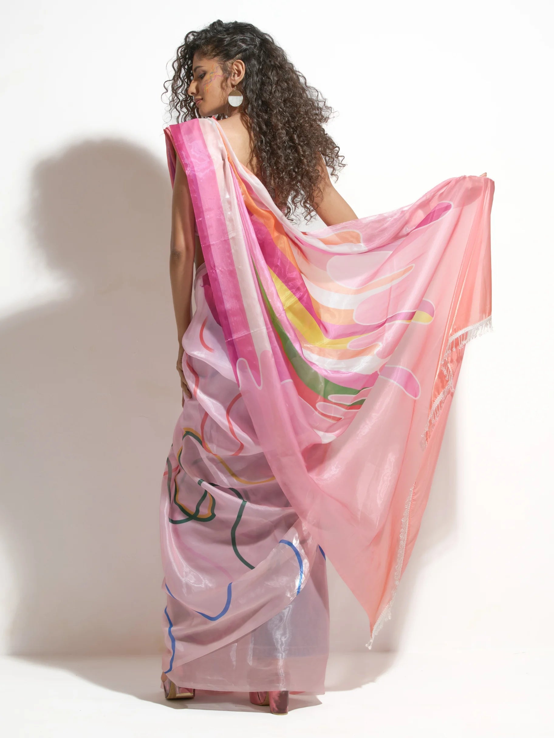 PINK SATIN MESSY THREADS TO RAINBOW SAREE