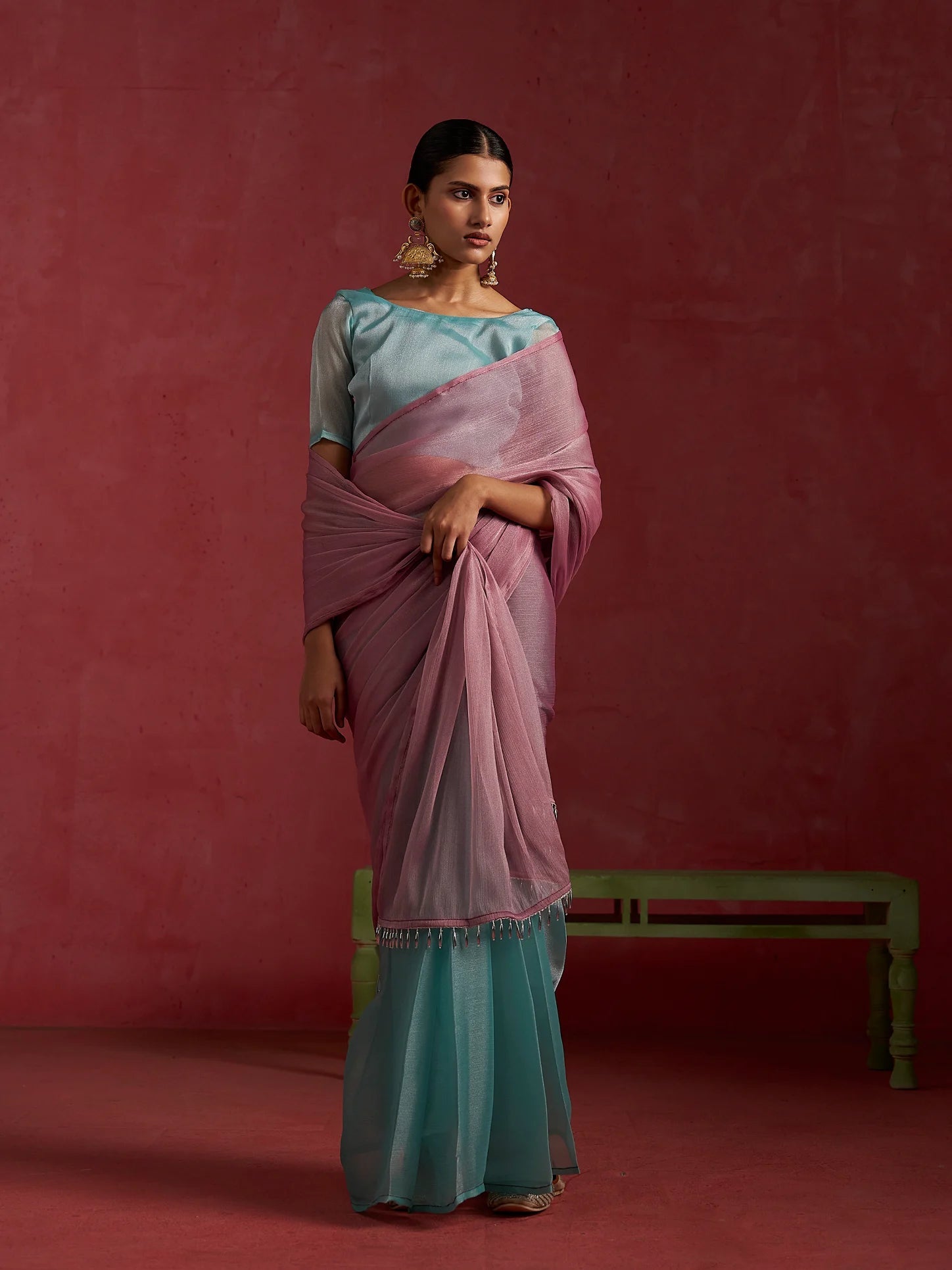 PINK TURQUOISE CHIFFON PRE-PLEATED SAREE