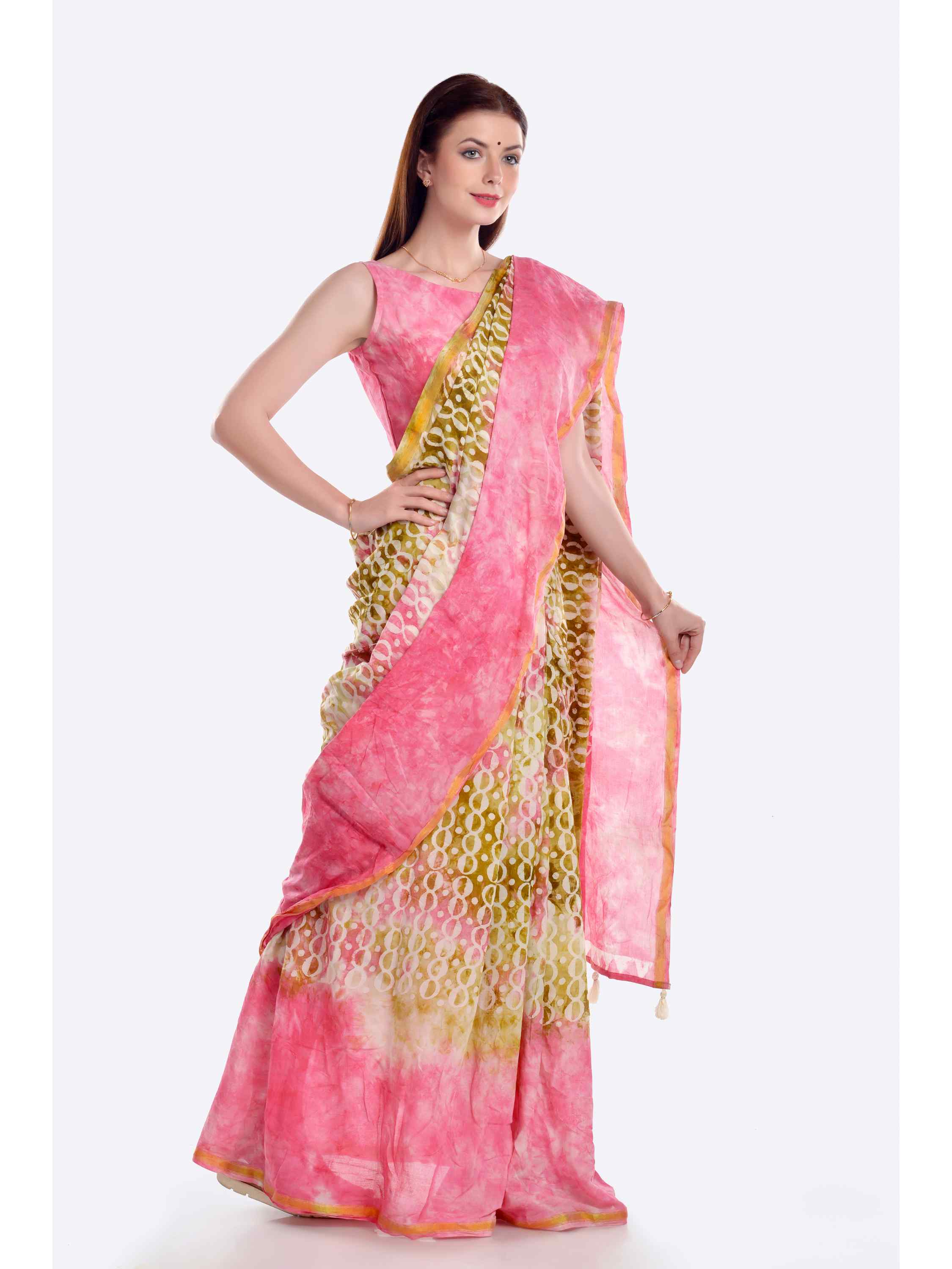 PINK VISCOSE MUL LIVA BATIK PRINTED SAREE