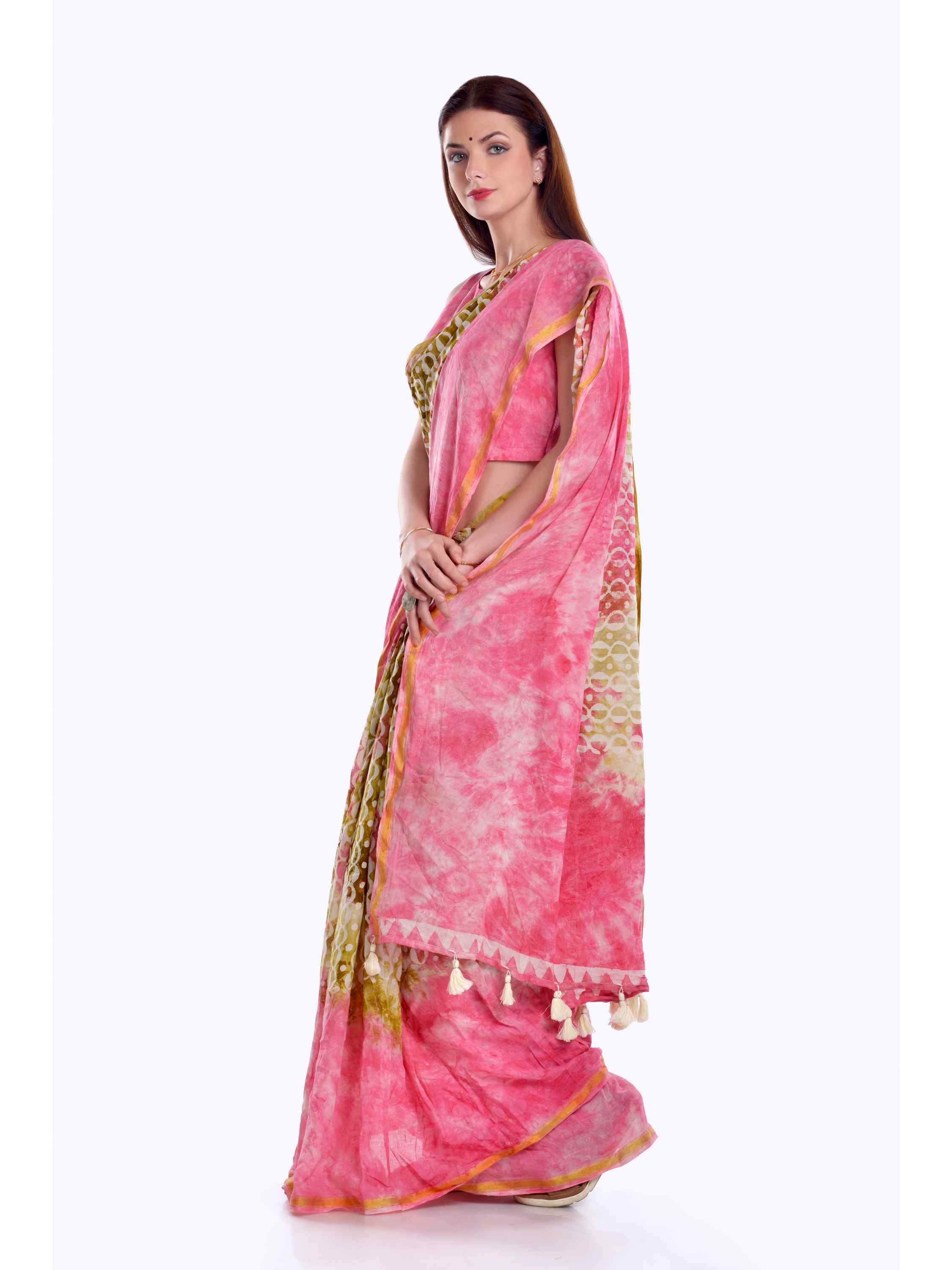 PINK VISCOSE MUL LIVA BATIK PRINTED SAREE