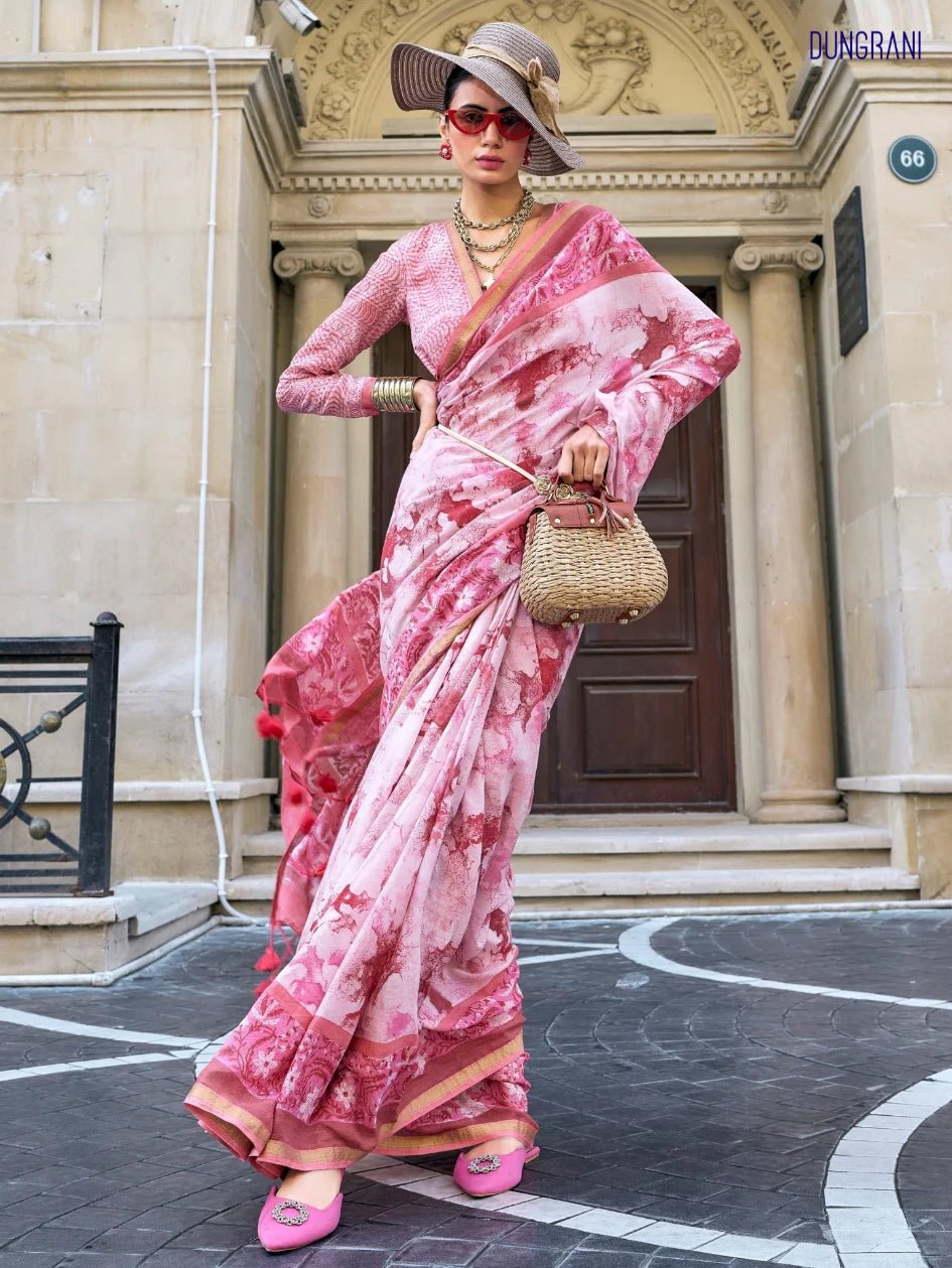 PINK VISCOSE MUL LIVA BLOCK PRINTED SAREE