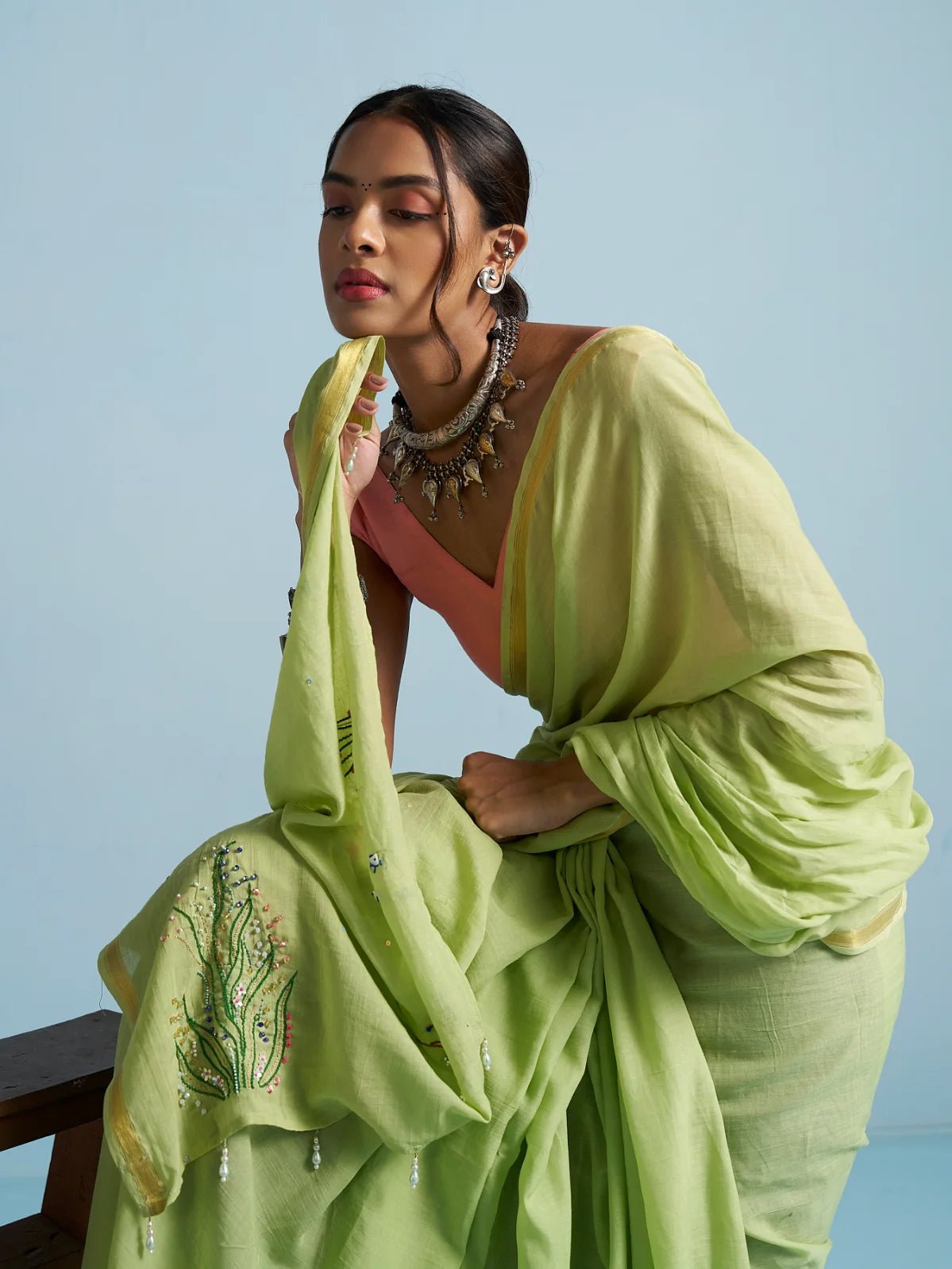 PISTA GREEN VISCOSE MUL THREAD WORK SAREES