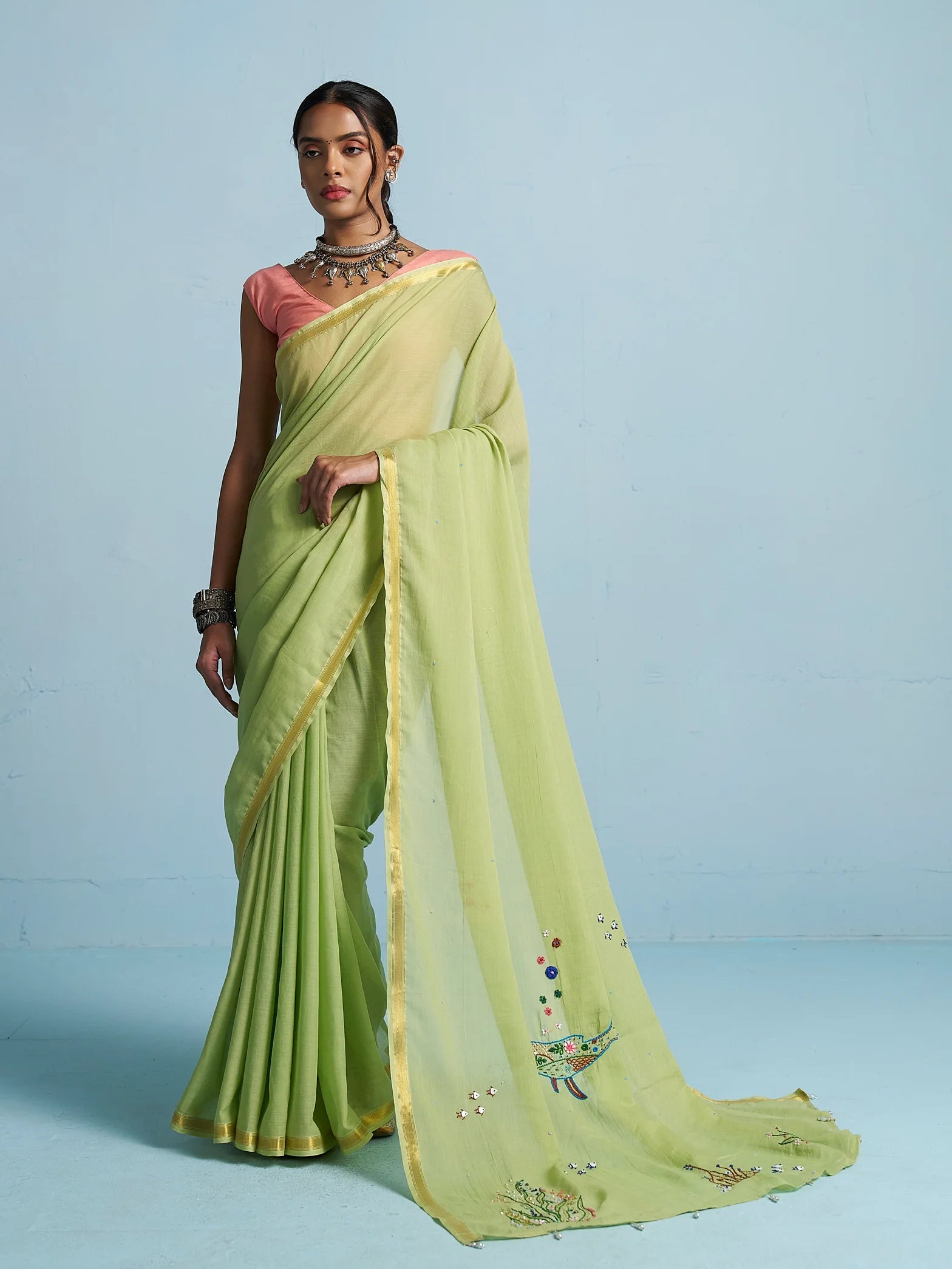PISTA GREEN VISCOSE MUL THREAD WORK SAREES