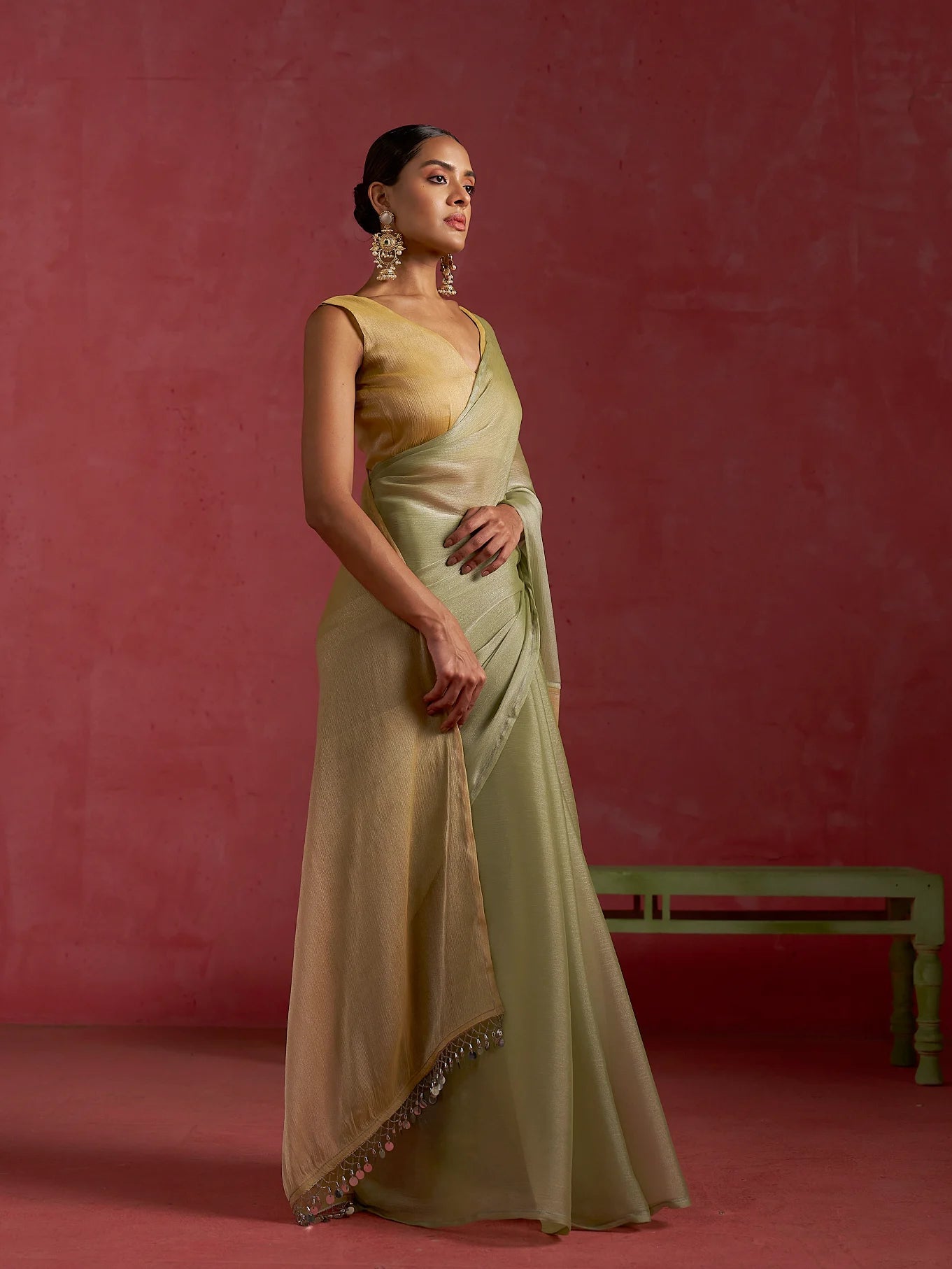 PISTA & YELLOW GLOW CHIFFON READY-TO-WEAR SAREE